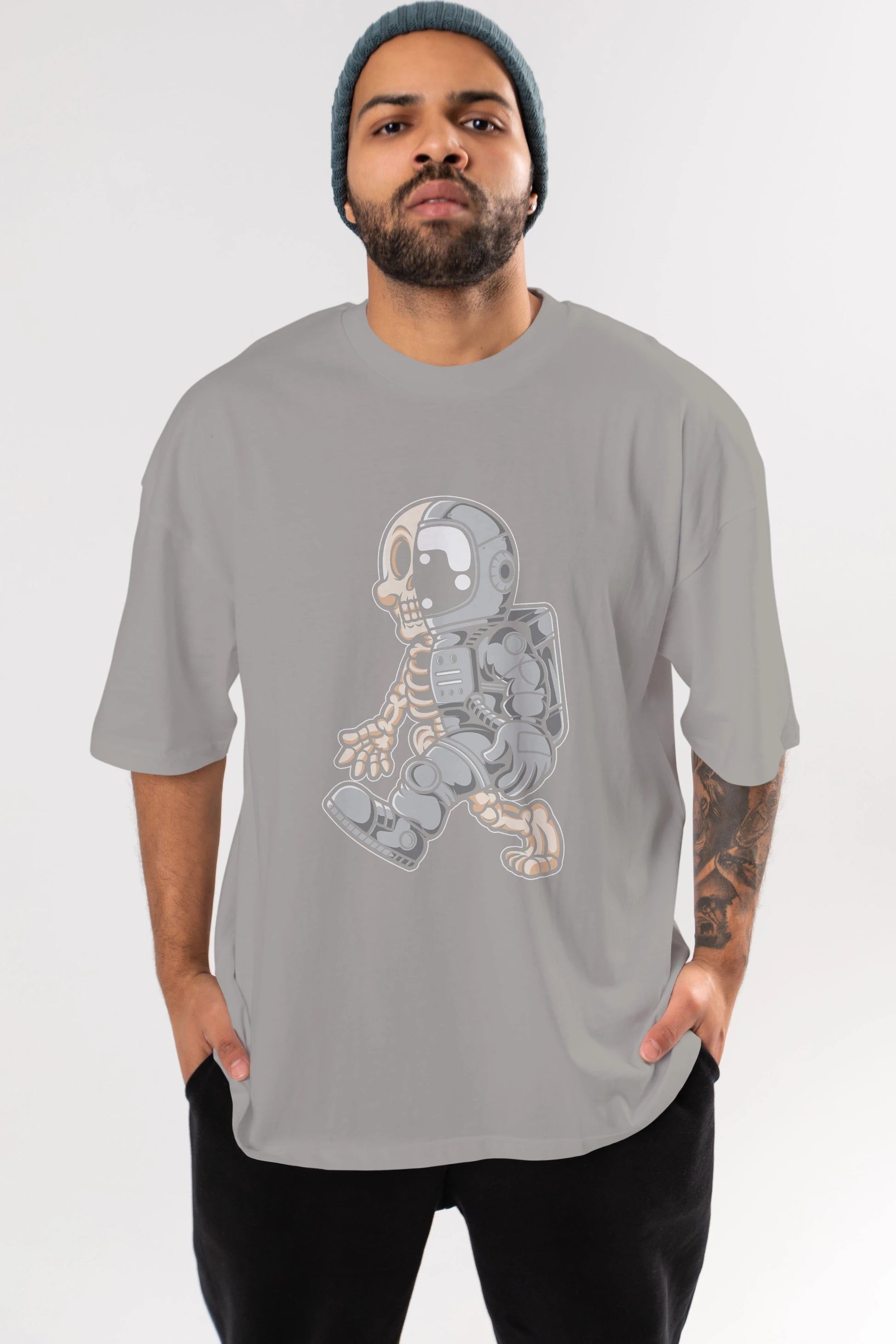 Astronaut Half Skull Ön Baskılı Oversize t-shirt Erkek Kadın Unisex