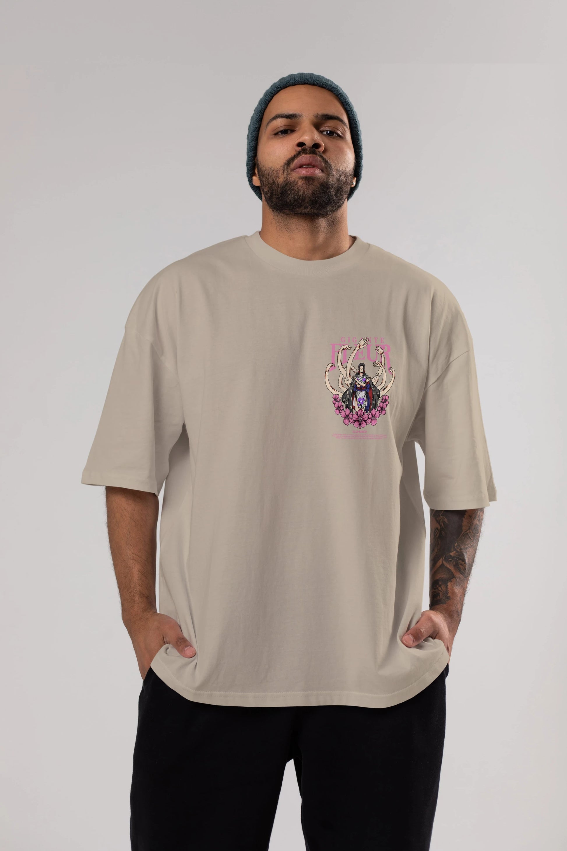 Gigante Fleur Ön Sol Baskılı Oversize t-shirt Erkek Kadın Unisex %100 Pamuk Bisiklet Yaka tişort