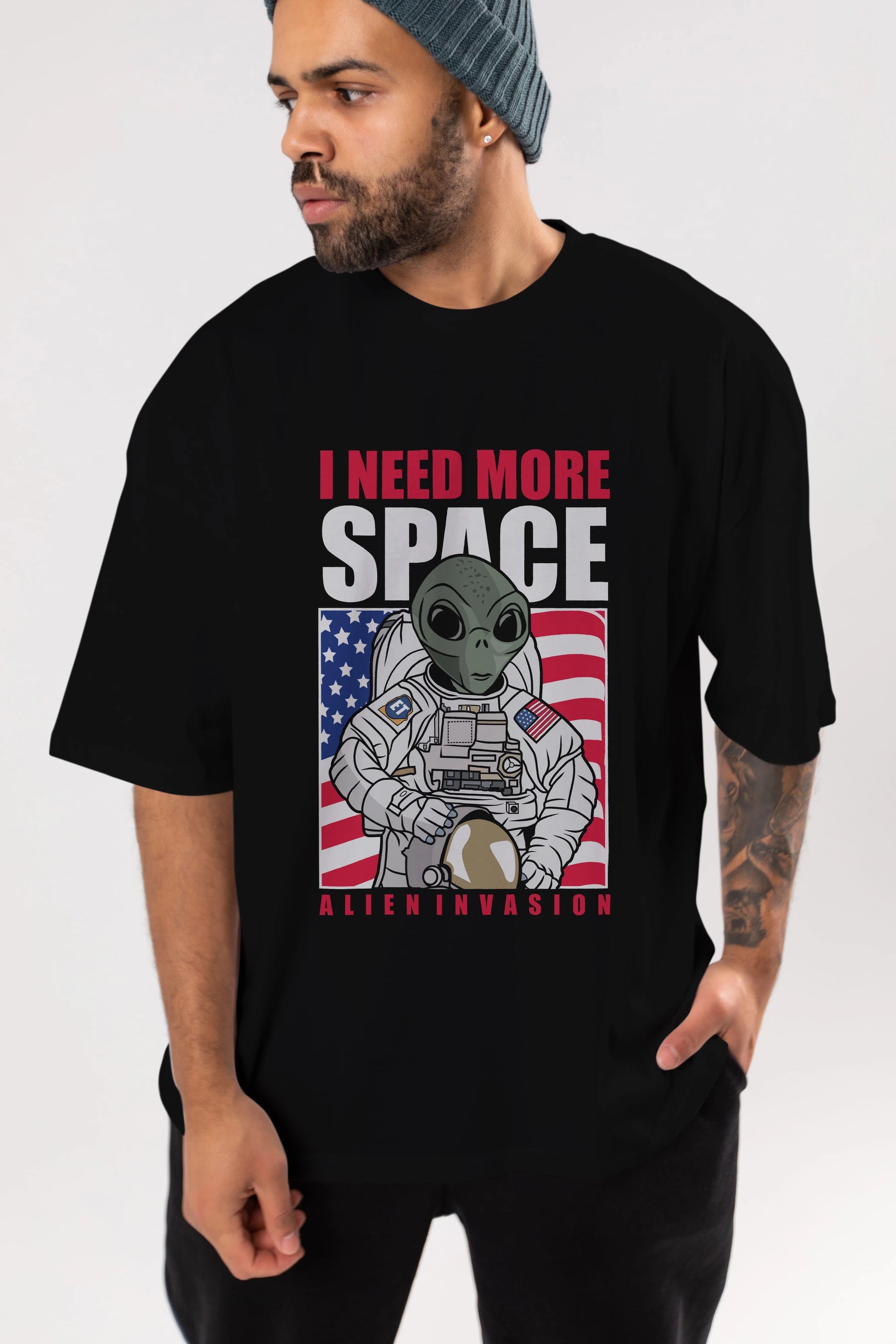 Alien Astronaut Ön Baskılı Oversize t-shirt Erkek Kadın Unisex %100 Pamuk tişort
