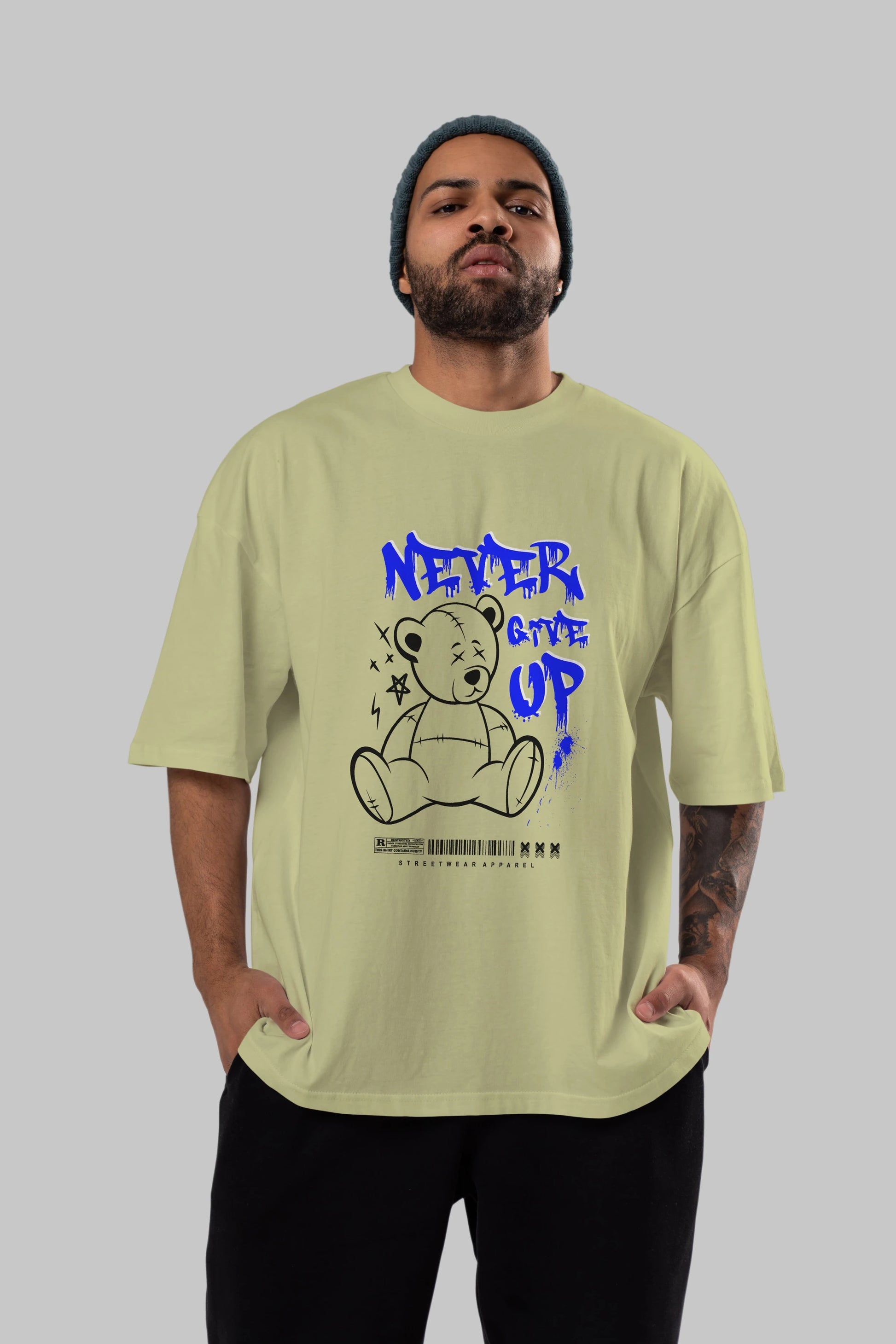 Teddy Bear Never Give Up Ön Baskılı Oversize t-shirt Erkek Kadın Unisex