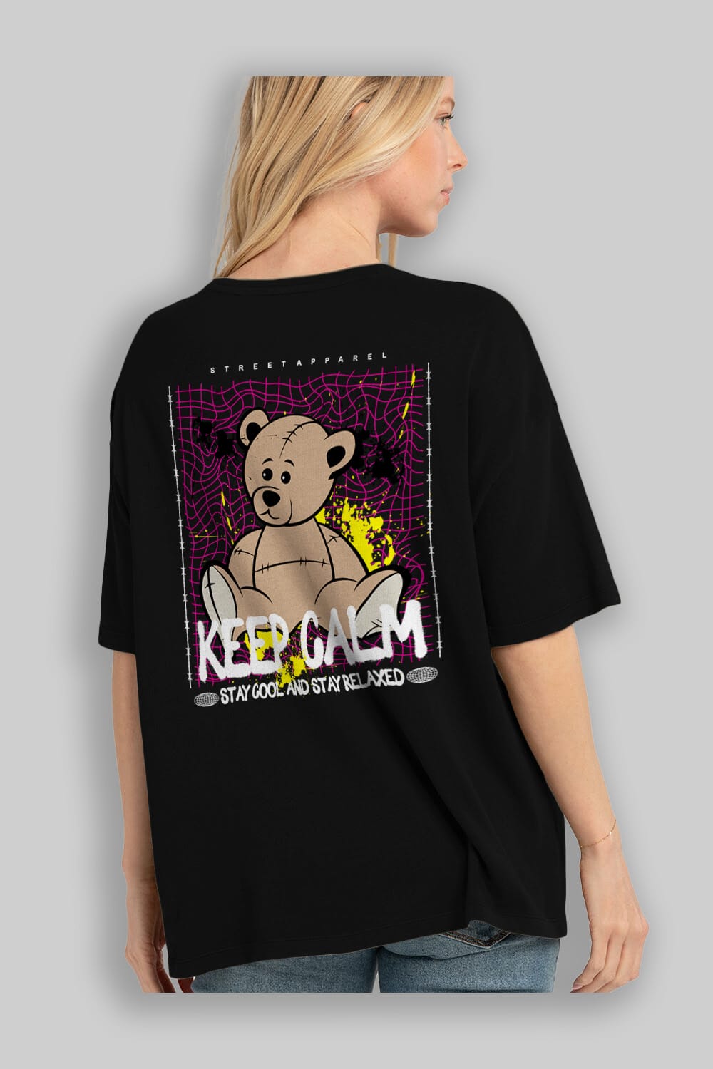 Keep Calm Bear Arka Baskılı Oversize t-shirt Erkek Kadın Unisex
