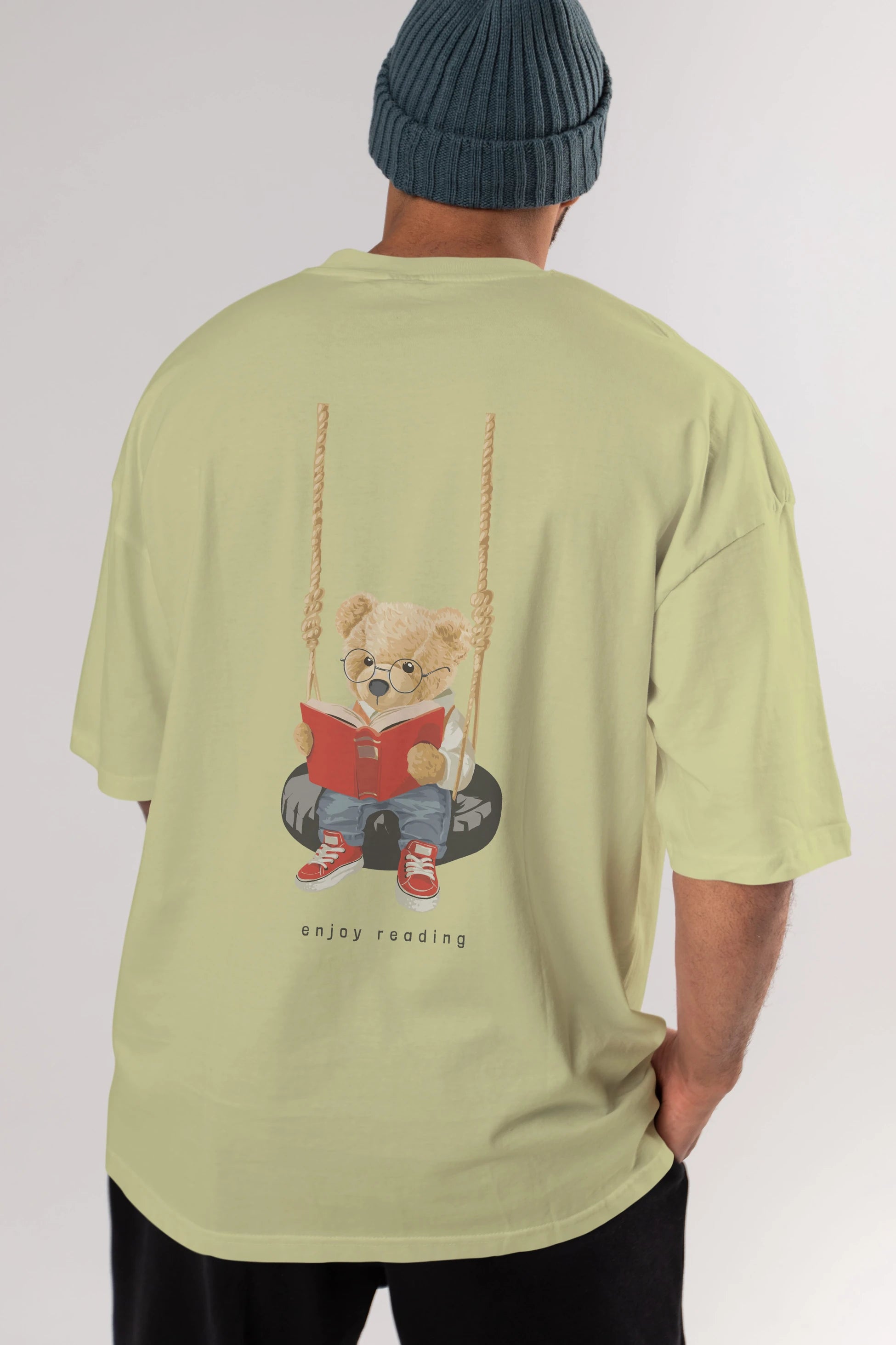 Teddy Bear Enjoy Reading Arka Baskılı Oversize t-shirt Erkek Kadın Unisex %100 Pamuk