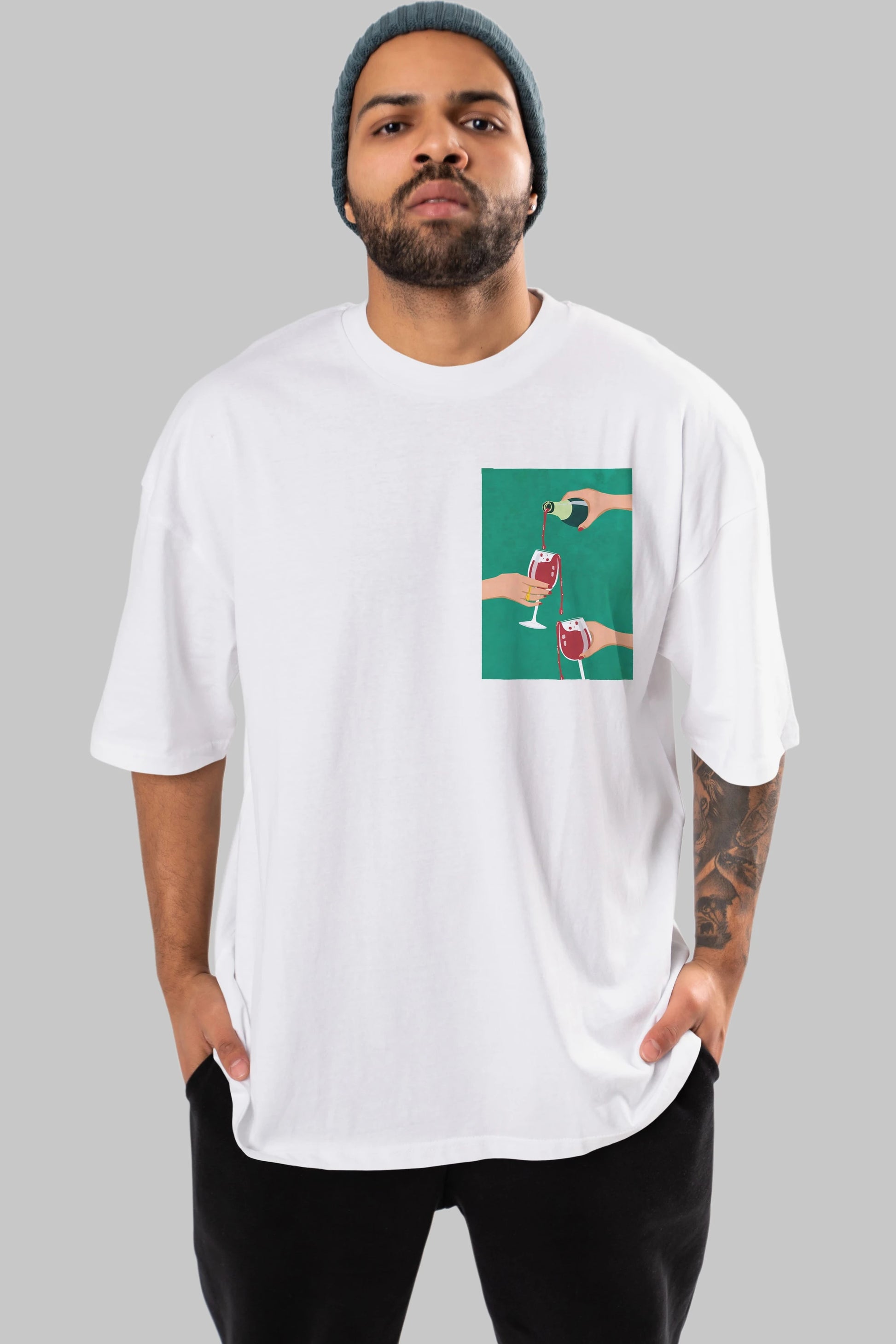 Wine 2 Ön Sol Baskılı Oversize t-shirt Erkek Kadın Unisex %100 Pamuk Bisiklet Yaka tişort