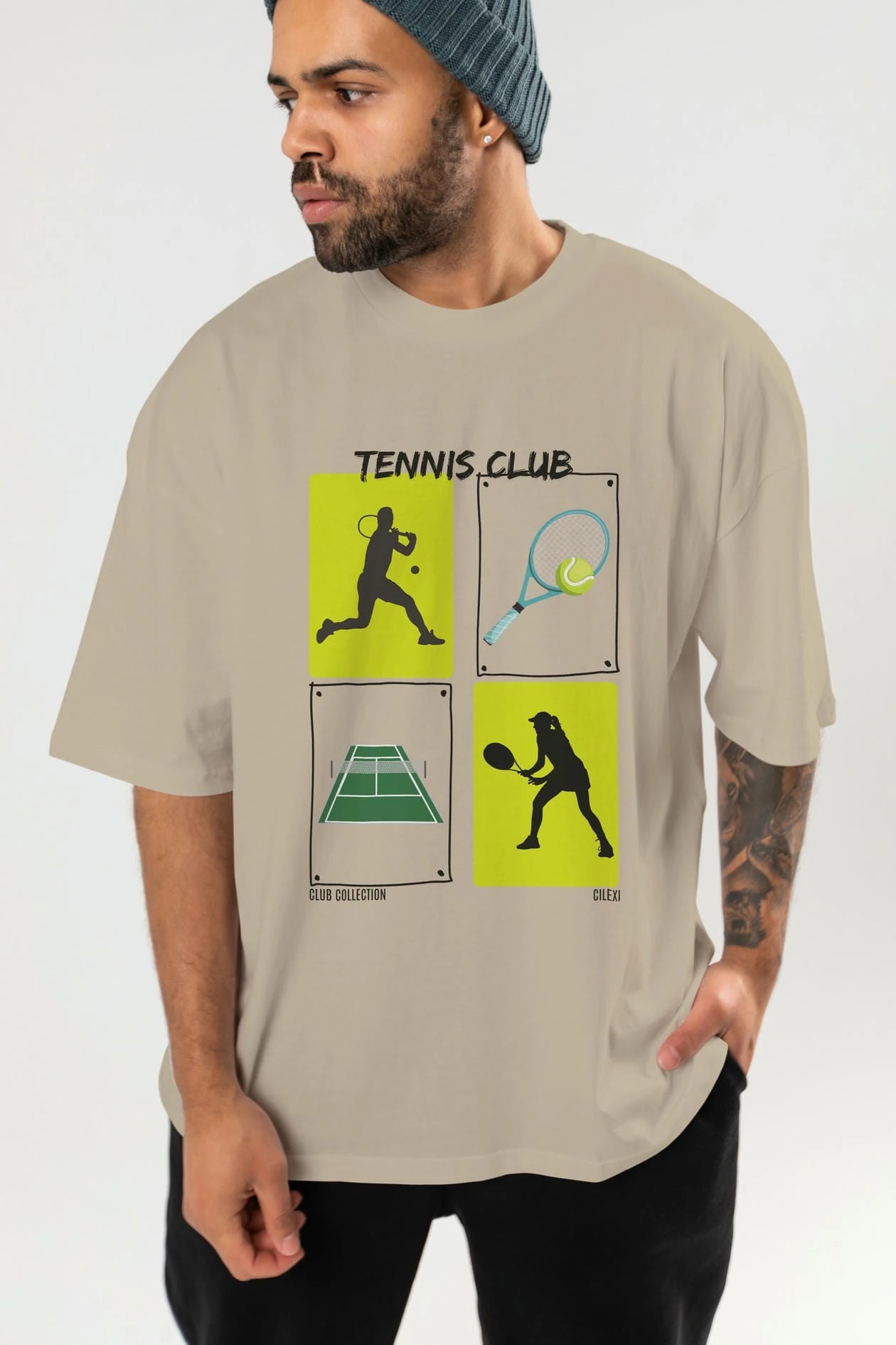 Tennis Club ön Baskılı Oversize t-shirt Erkek Kadın %100 Pamuk Bisiklet Yaka tişort