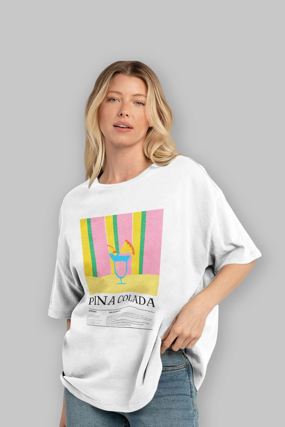 Pina Colada Kokteyl Ön Baskılı Oversize t-shirt Erkek Kadın %100 Pamuk Bisiklet Yaka tişort