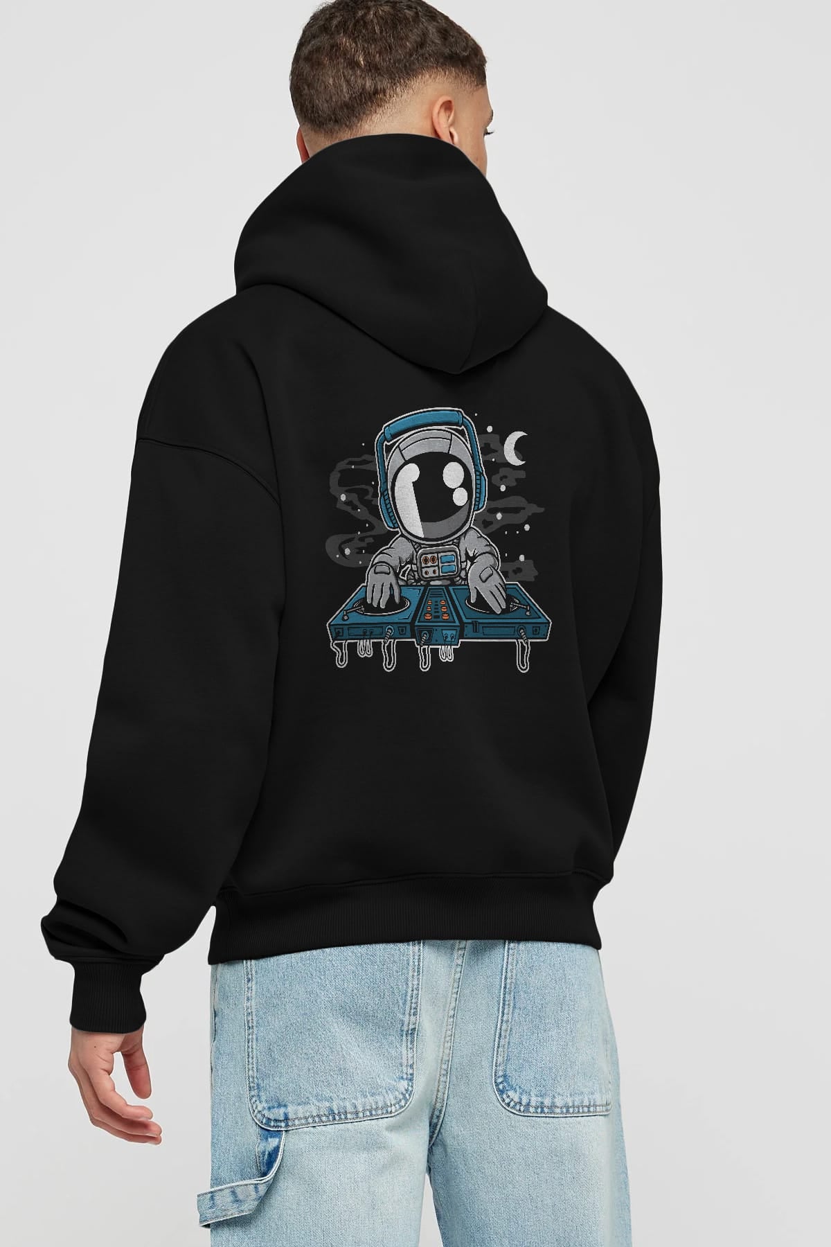 Astronaut Turntable Arka Baskılı Hoodie Oversize Kapüşonlu Sweatshirt Erkek Kadın Unisex