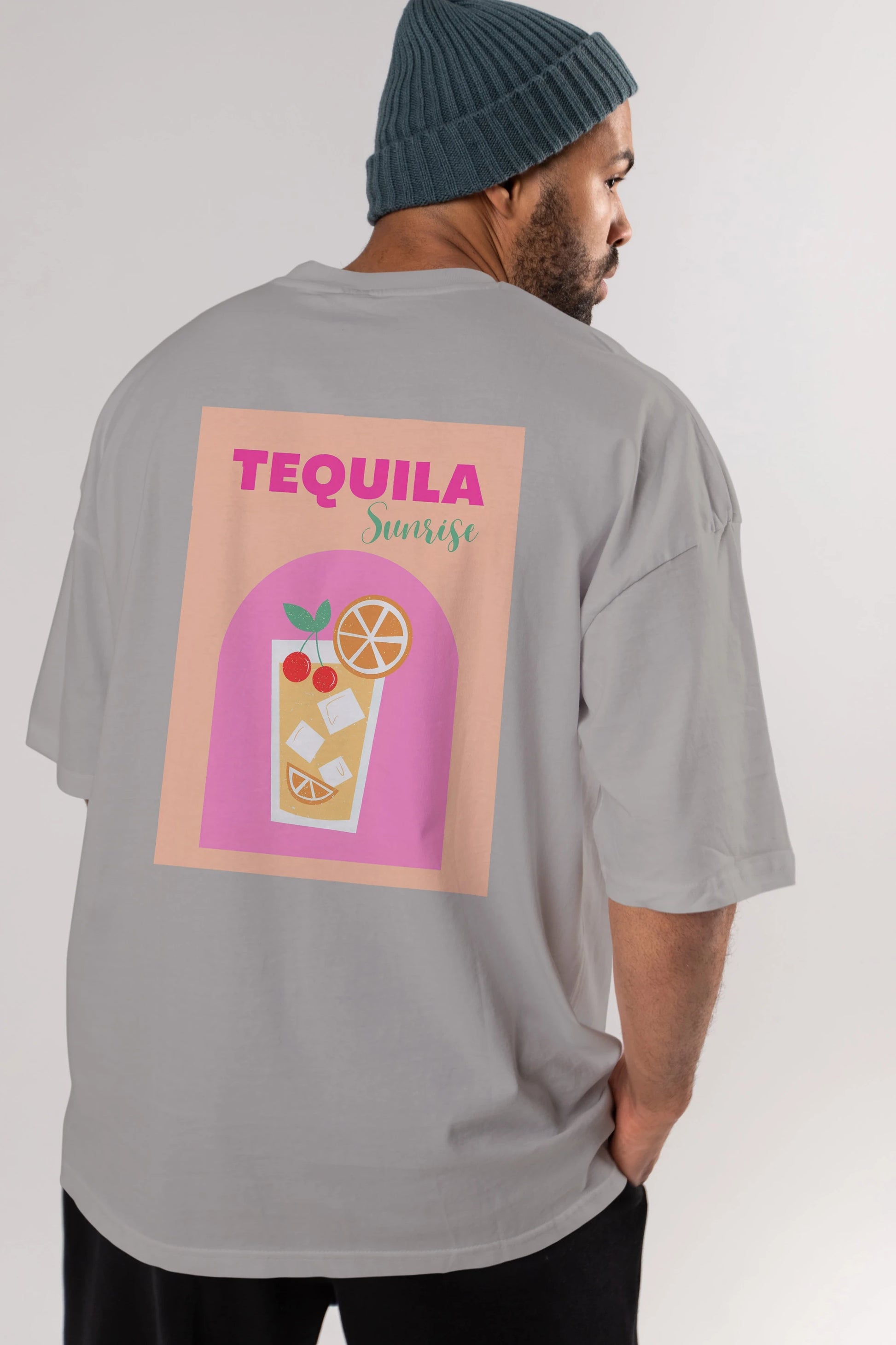 Tequila Sunrise 2 Arka Baskılı Oversize t-shirt Erkek Kadın Unisex %100 Pamuk Bisiklet Yaka tişort
