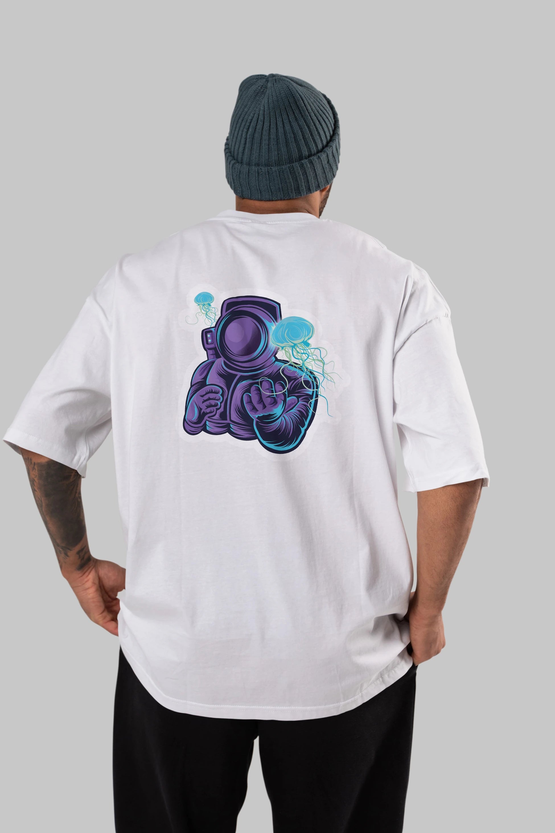 Astronaut and Jellyfish Sticker Arka Baskılı Oversize t-shirt Erkek Kadın Unisex