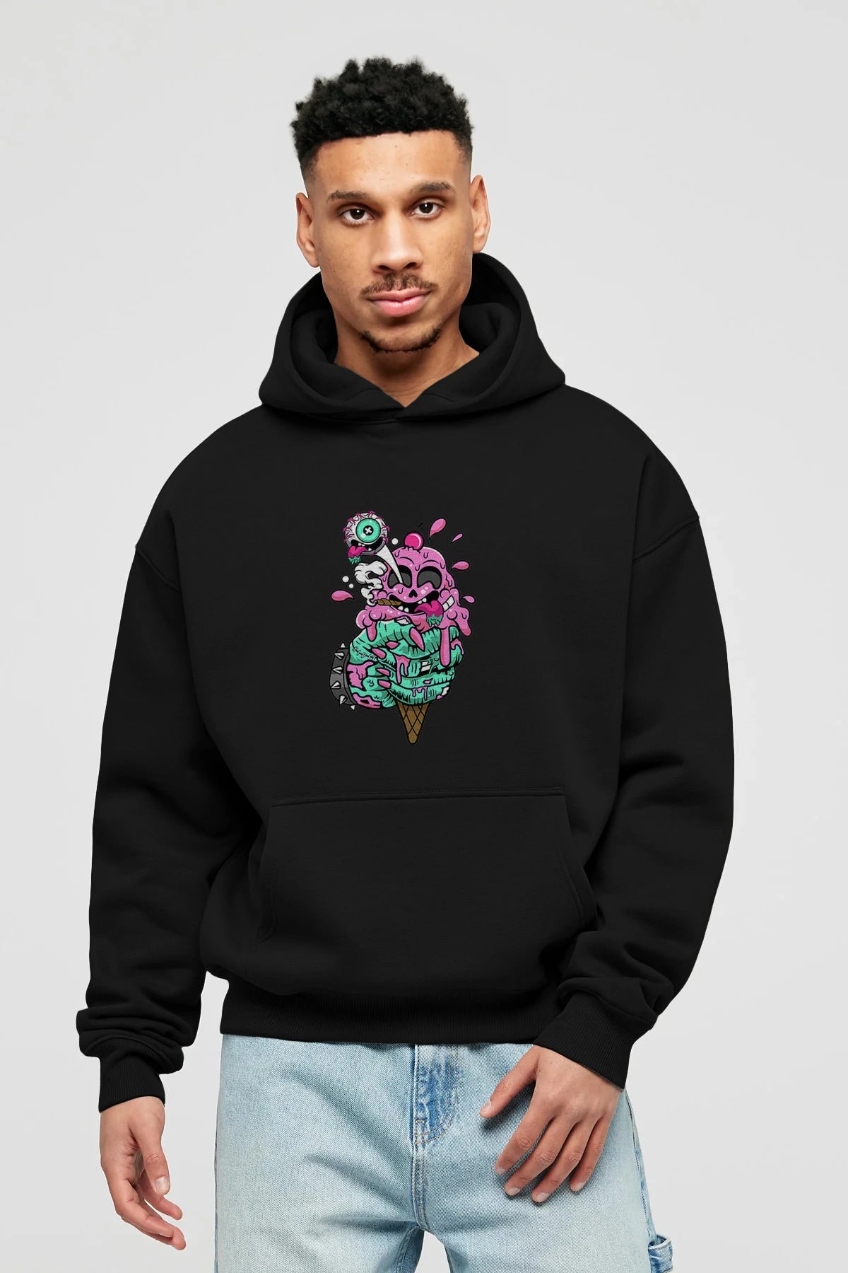 Ice Cream Zombie Ön Baskılı Hoodie Oversize Kapüşonlu Sweatshirt Erkek Kadın Unisex