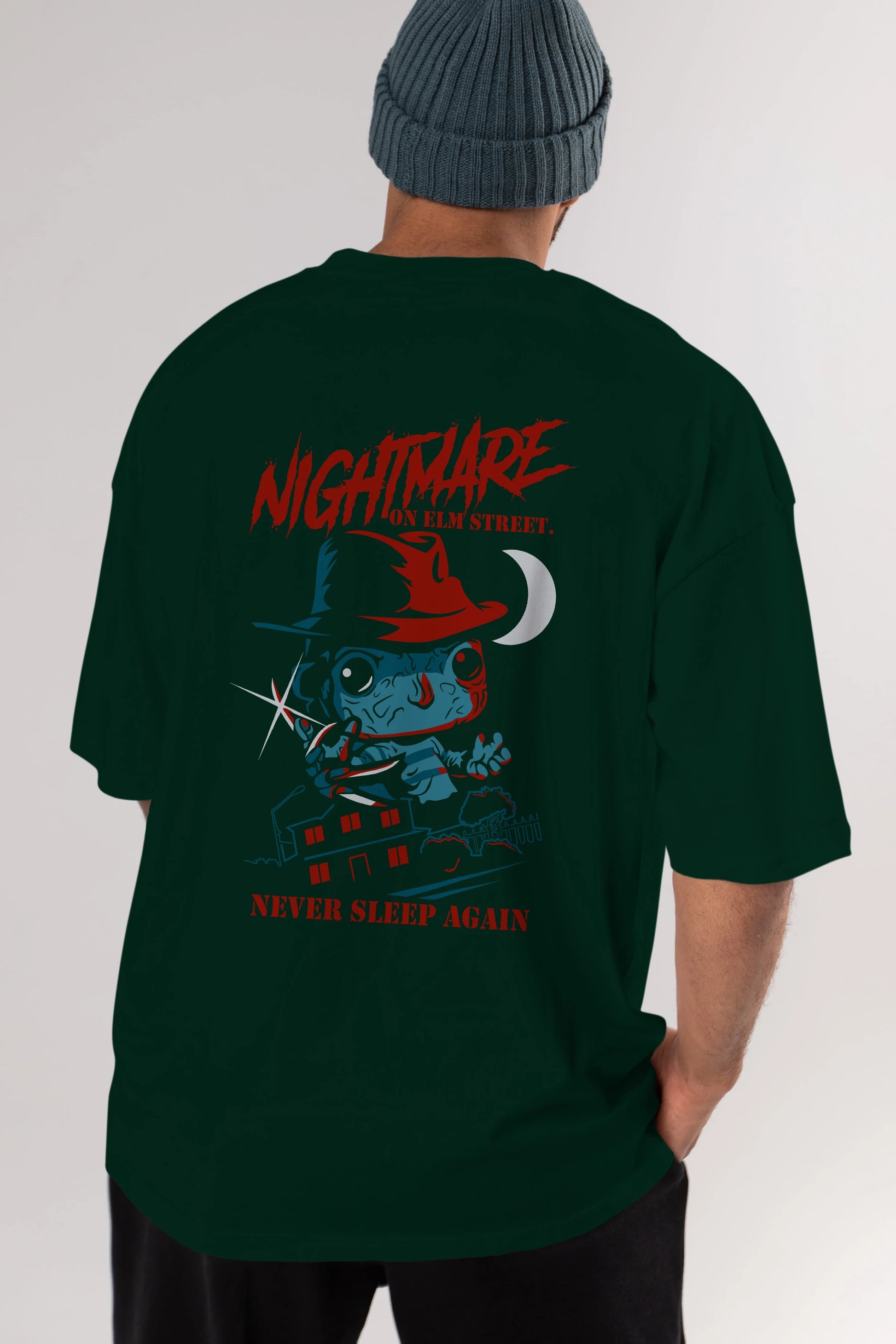 Nightmare Elm Sokağı Arka Baskılı Oversize t-shirt Erkek Kadın Unisex %100 Pamuk Bisiklet Yaka tişort