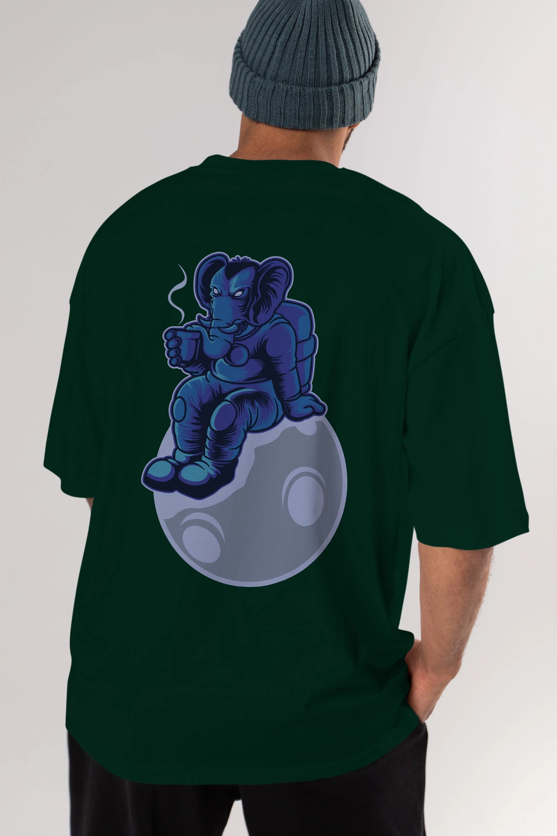 Space Elephant Drink Coffee Arka Baskılı Oversize t-shirt Erkek Kadın Unisex
