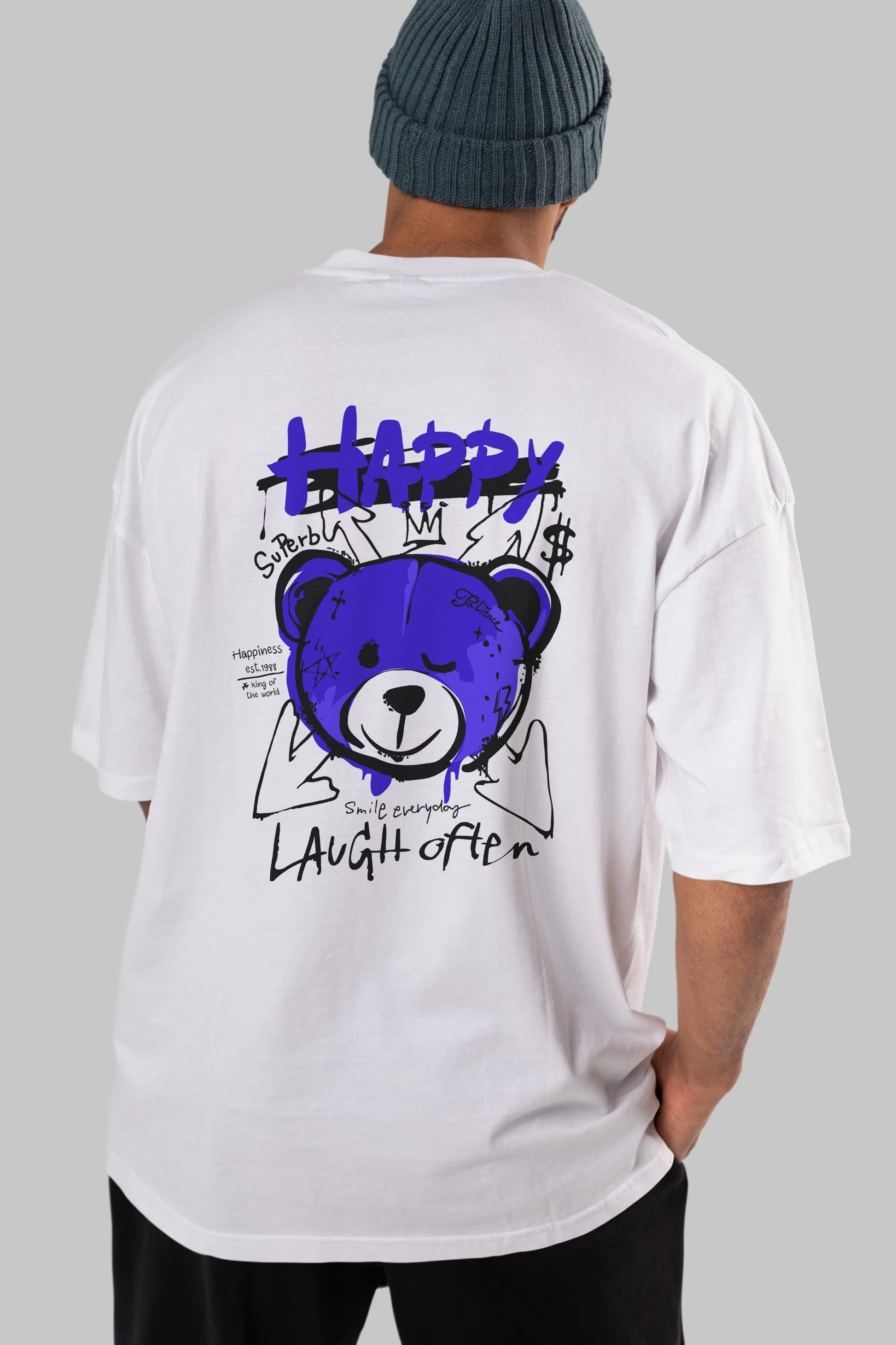 Happy Bear Arka Baskılı Oversize t-shirt Erkek Kadın Unisex