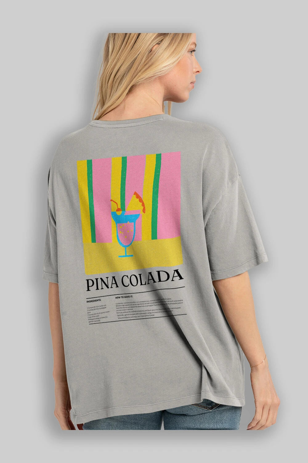 Pina Colada Kokteyl Serisi Arka Baskılı Oversize t-shirt Erkek Kadın %100 Pamuk Bisiklet Yaka tişort
