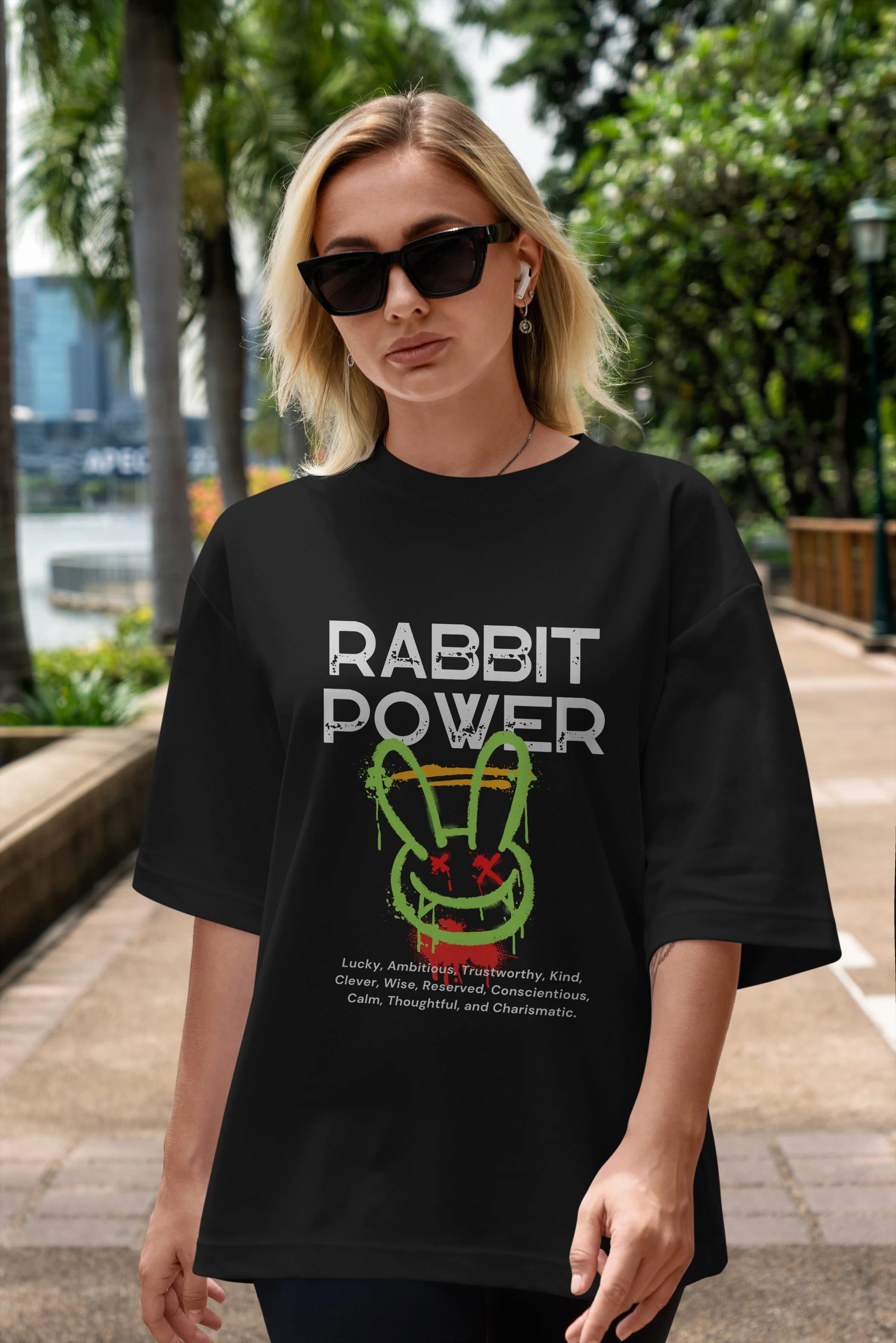 Rabbit Power Yazılı Ön Baskılı Oversize t-shirt Erkek Kadın Unisex