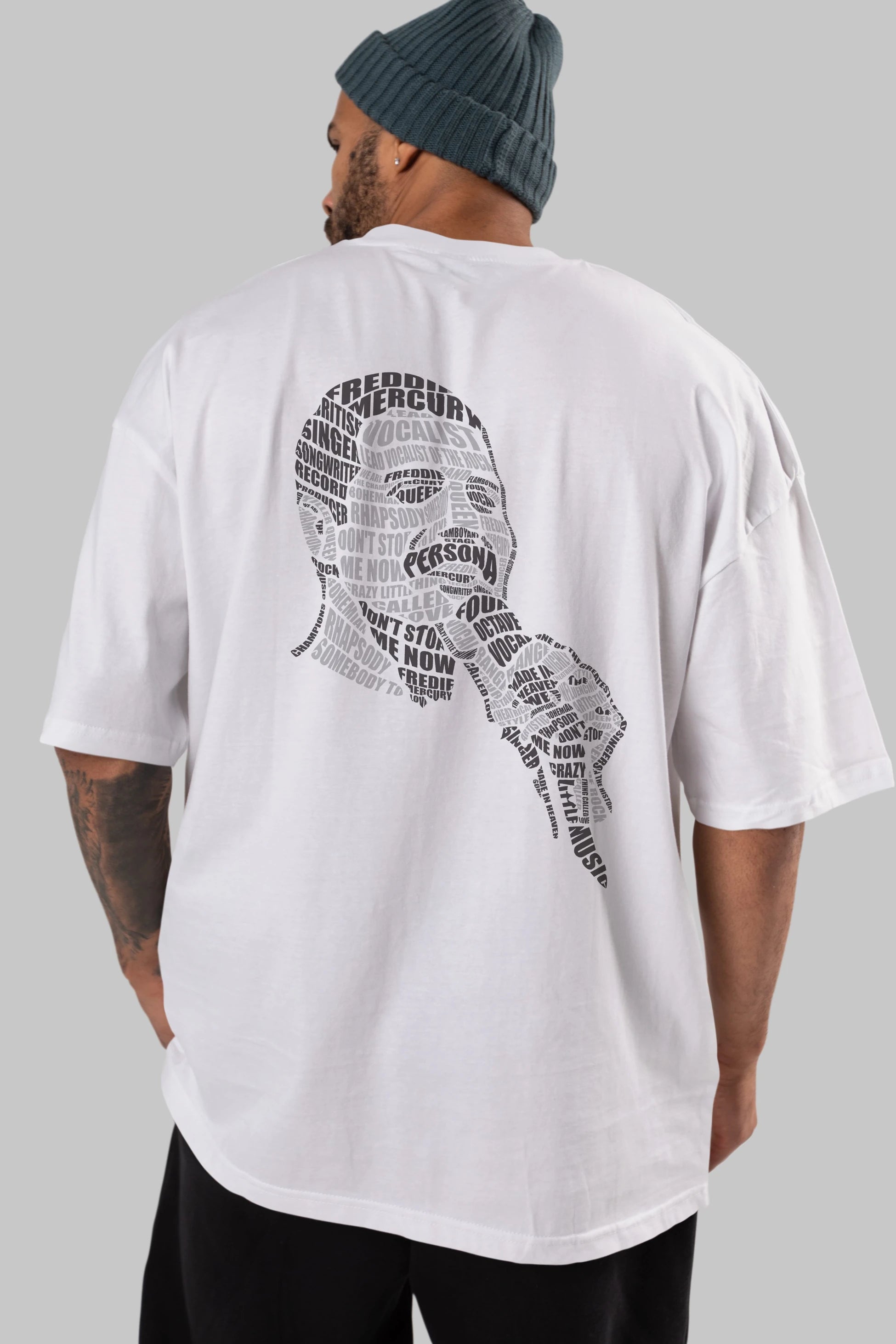 Freddy Mercuri Calligram Arka Baskılı Oversize t-shirt %100 pamuk Erkek Kadın Unisex