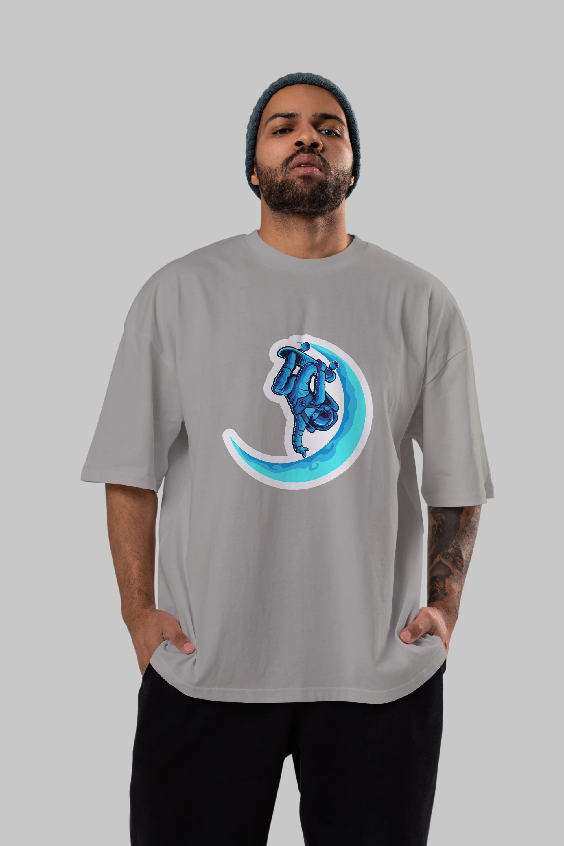 Skating on the moon sticker Ön Baskılı Oversize t-shirt Erkek Kadın Unisex
