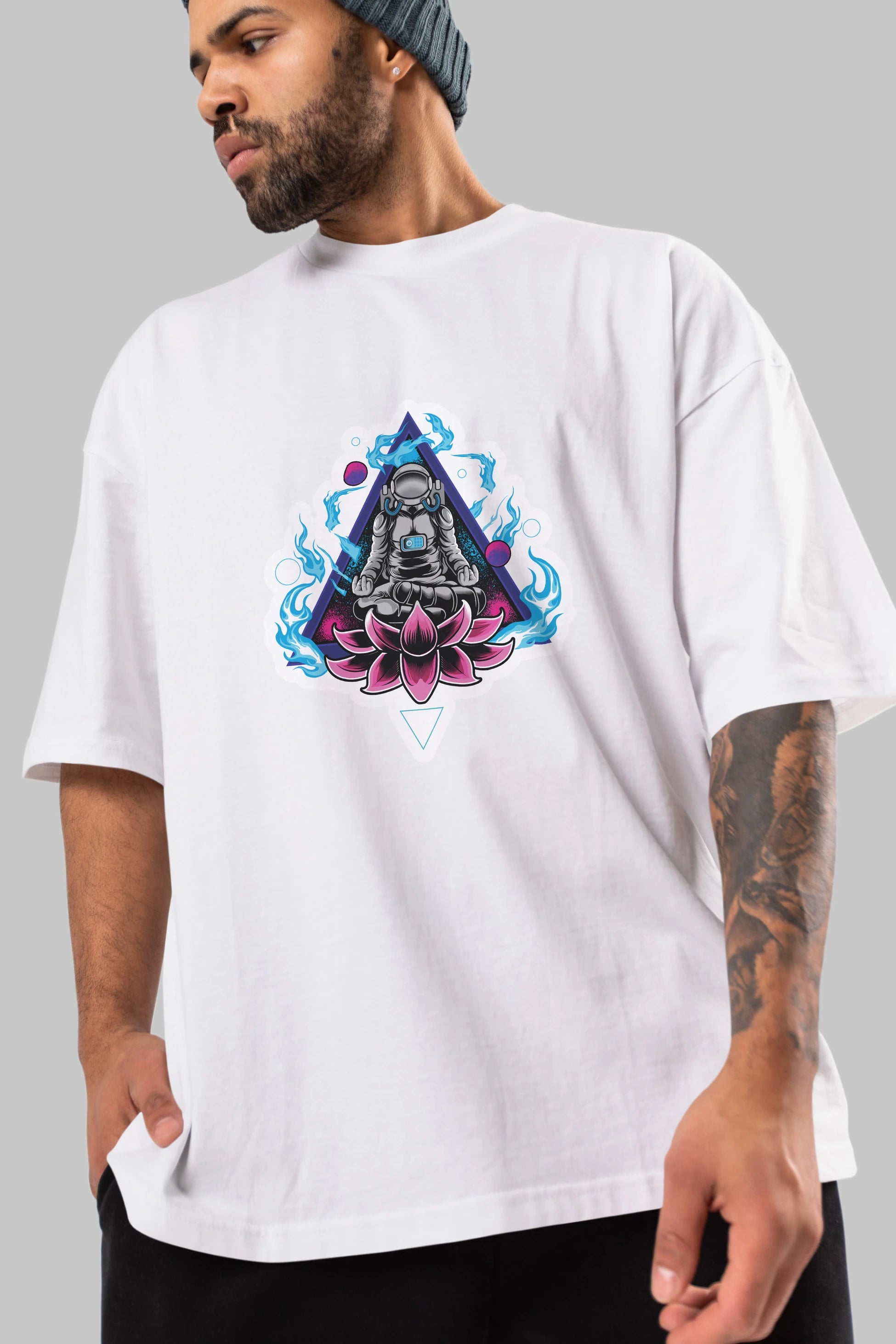 Astronaut Meditation Sticker Ön Baskılı Oversize t-shirt Erkek Kadın Unisex