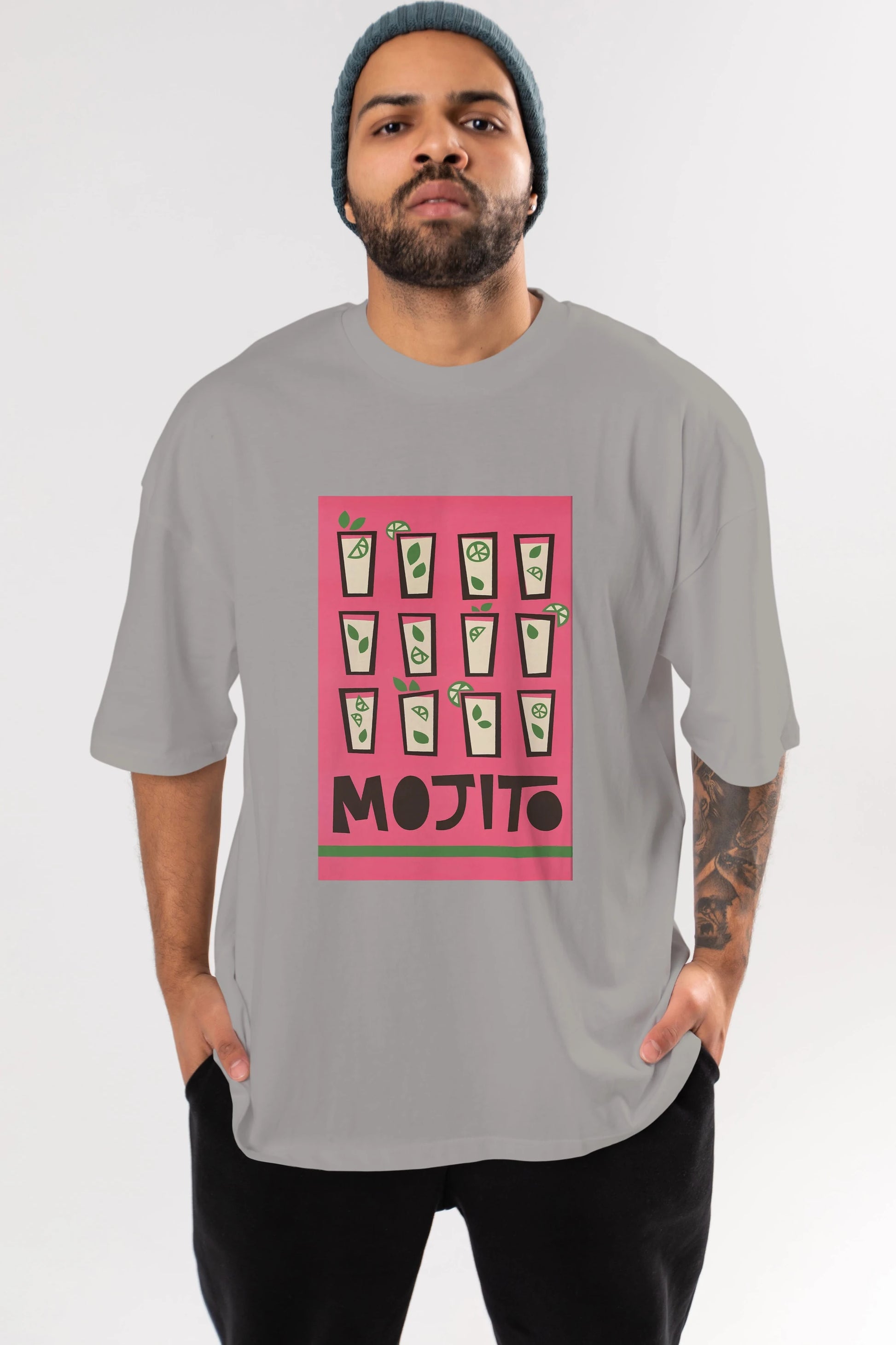 Mojito Ön Baskılı Oversize t-shirt Erkek Kadın Unisex %100 Pamuk Bisiklet Yaka tişort