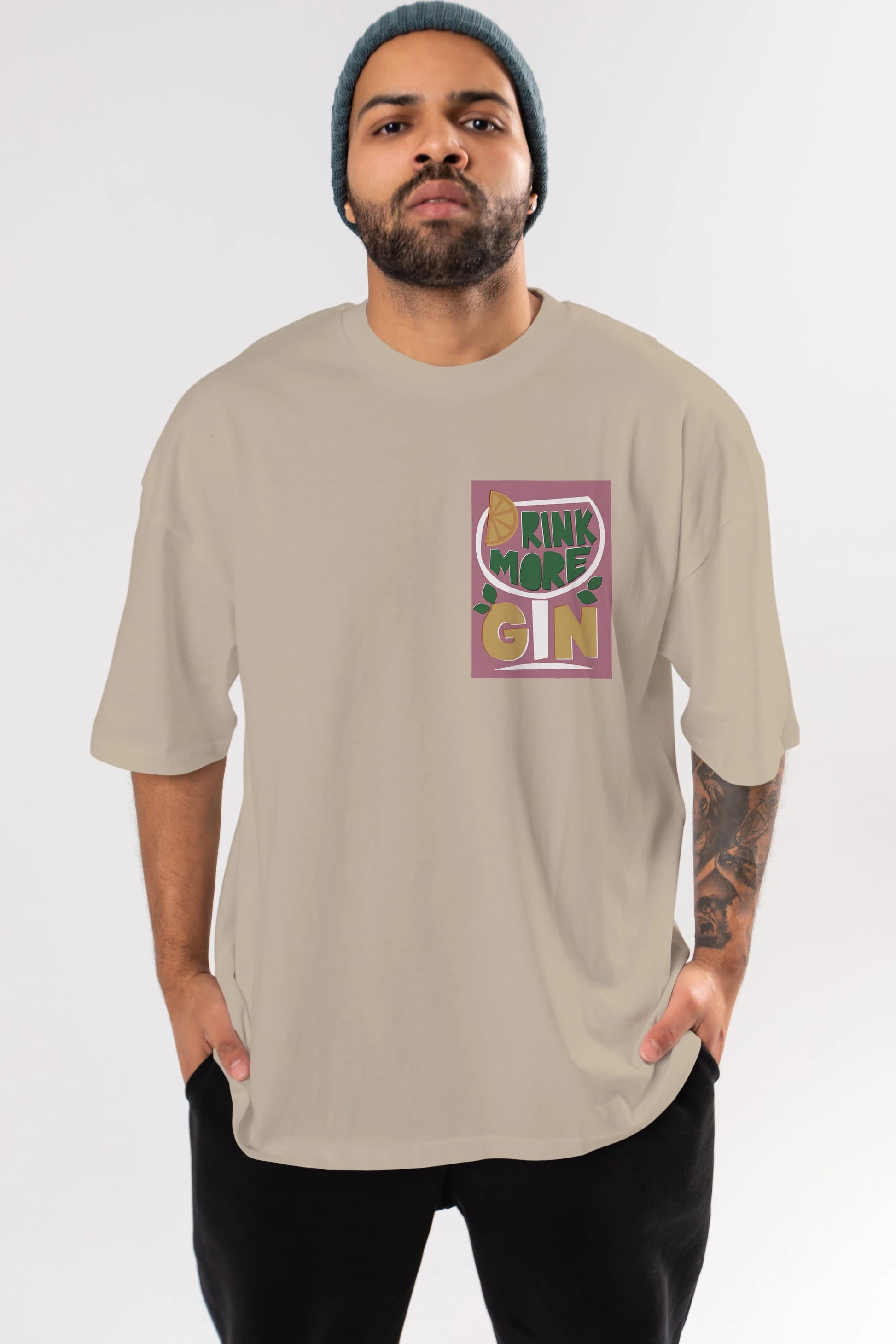 Drink More Gin Ön Sol Baskılı Oversize t-shirt Erkek Kadın Unisex %100 Pamuk Bisiklet Yaka tişort