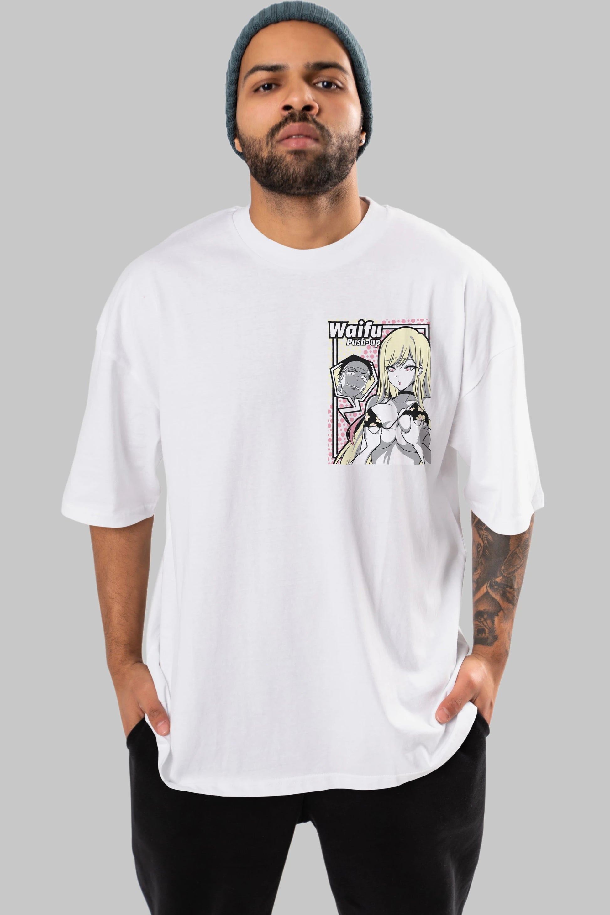 Waifu PushUp Ön Sol Baskılı Oversize t-shirt Erkek Kadın Unisex %100 Pamuk Bisiklet Yaka tişort