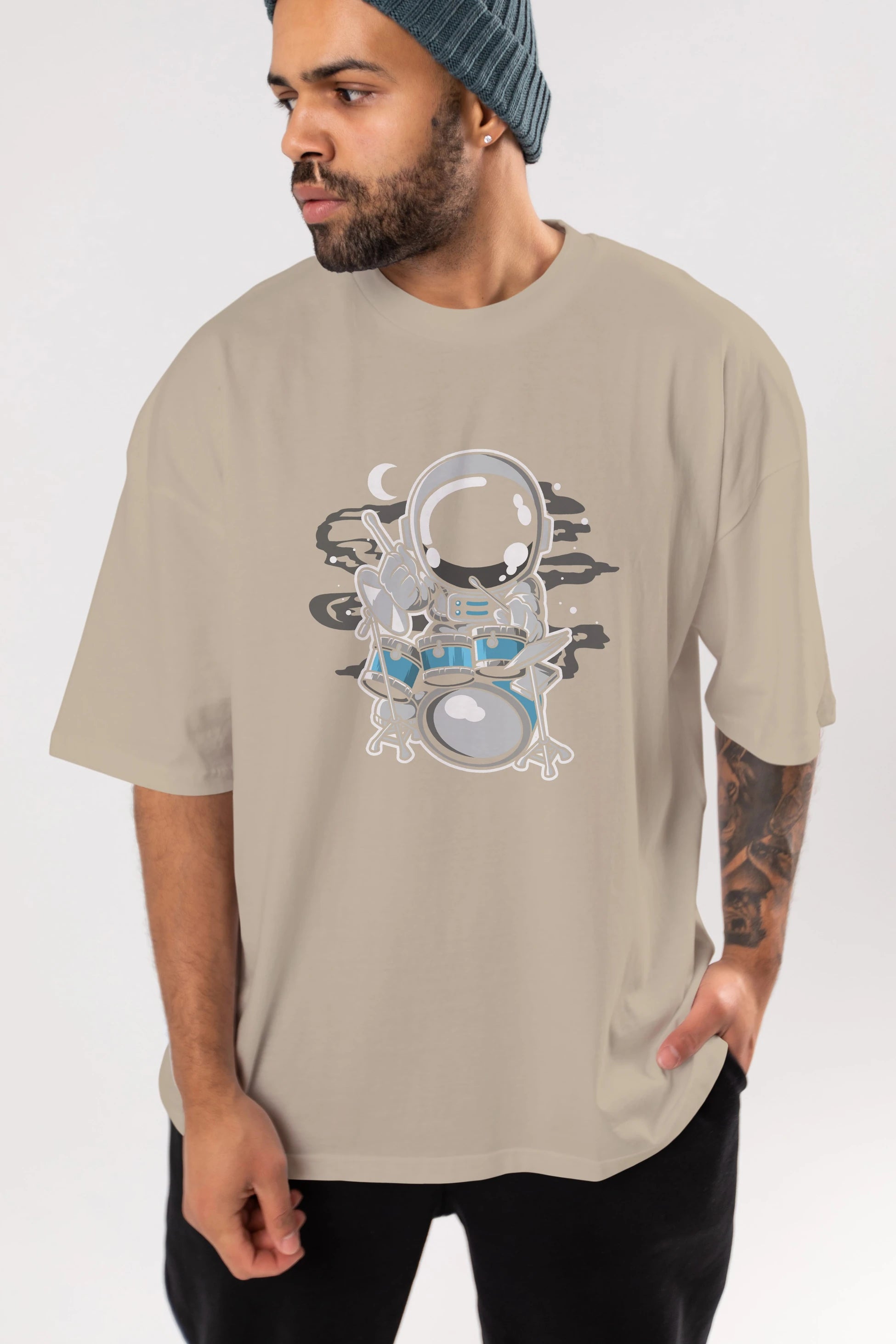 Astronaut Drummer Ön Baskılı Oversize t-shirt Erkek Kadın Unisex