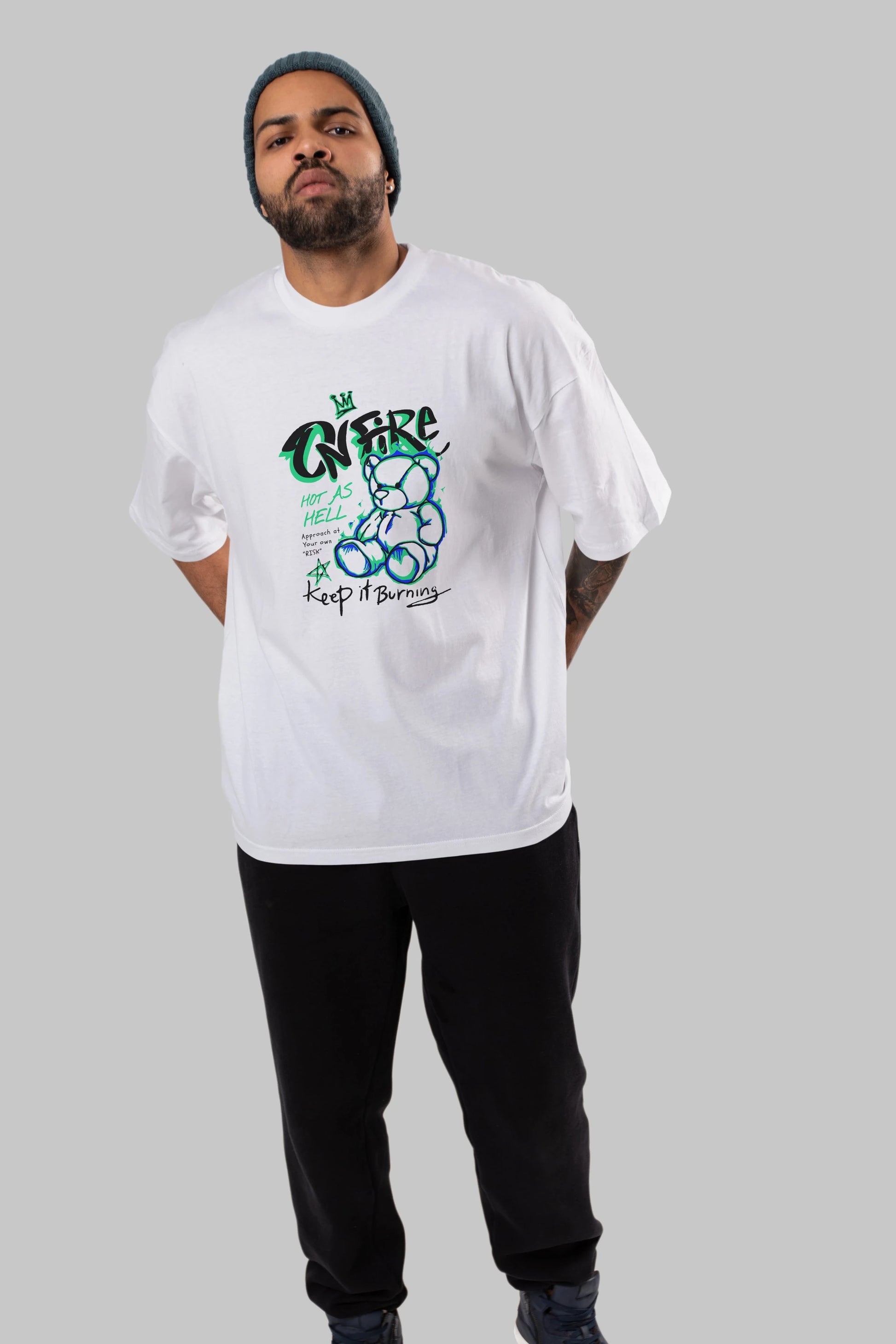 On Fire Bear Ön Baskılı Oversize t-shirt Erkek Kadın Unisex