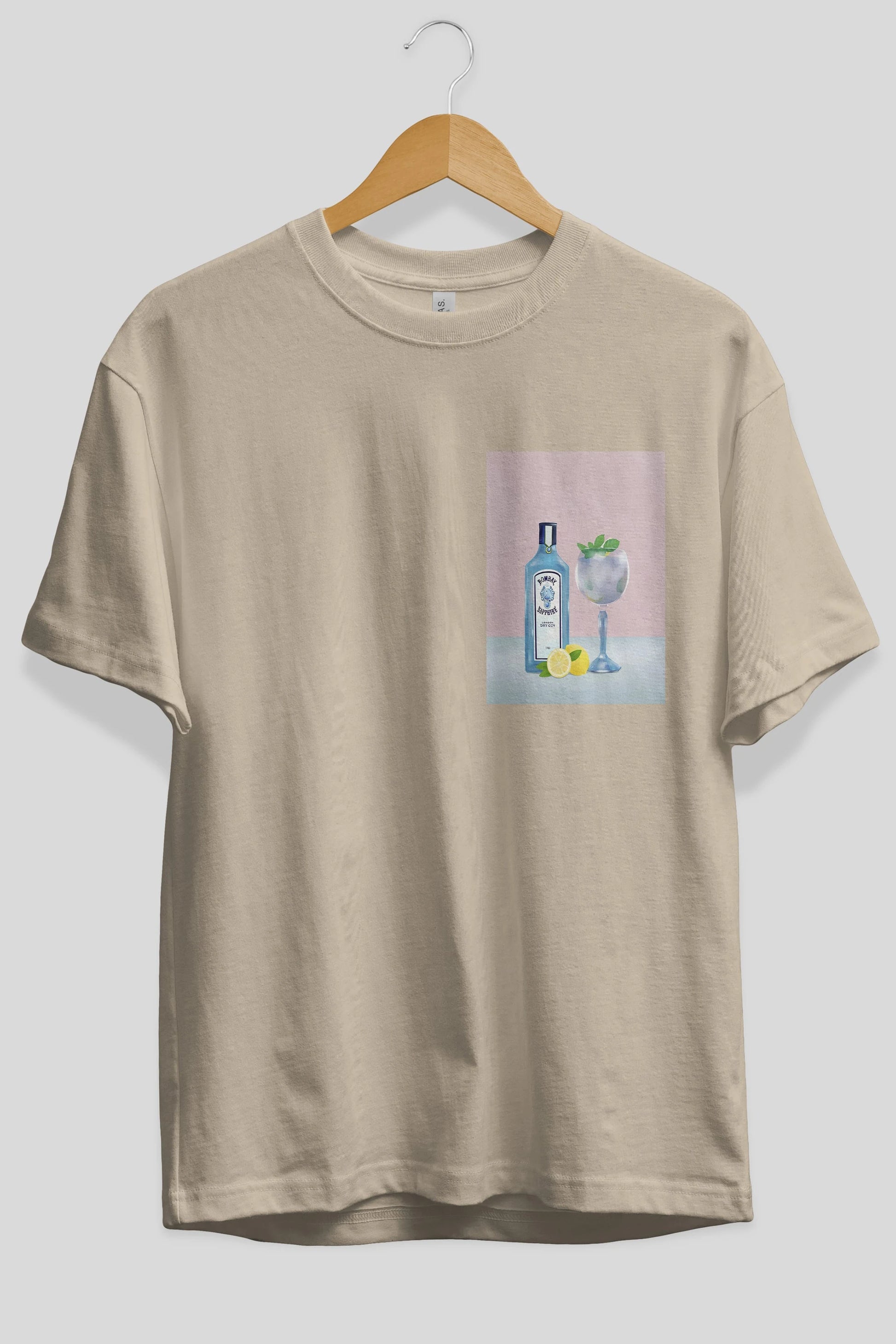 Bombay Sapphire Dry Gin Ön Sol Baskılı Oversize t-shirt Erkek Kadın Unisex %100 Pamuk Bisiklet Yaka tişort