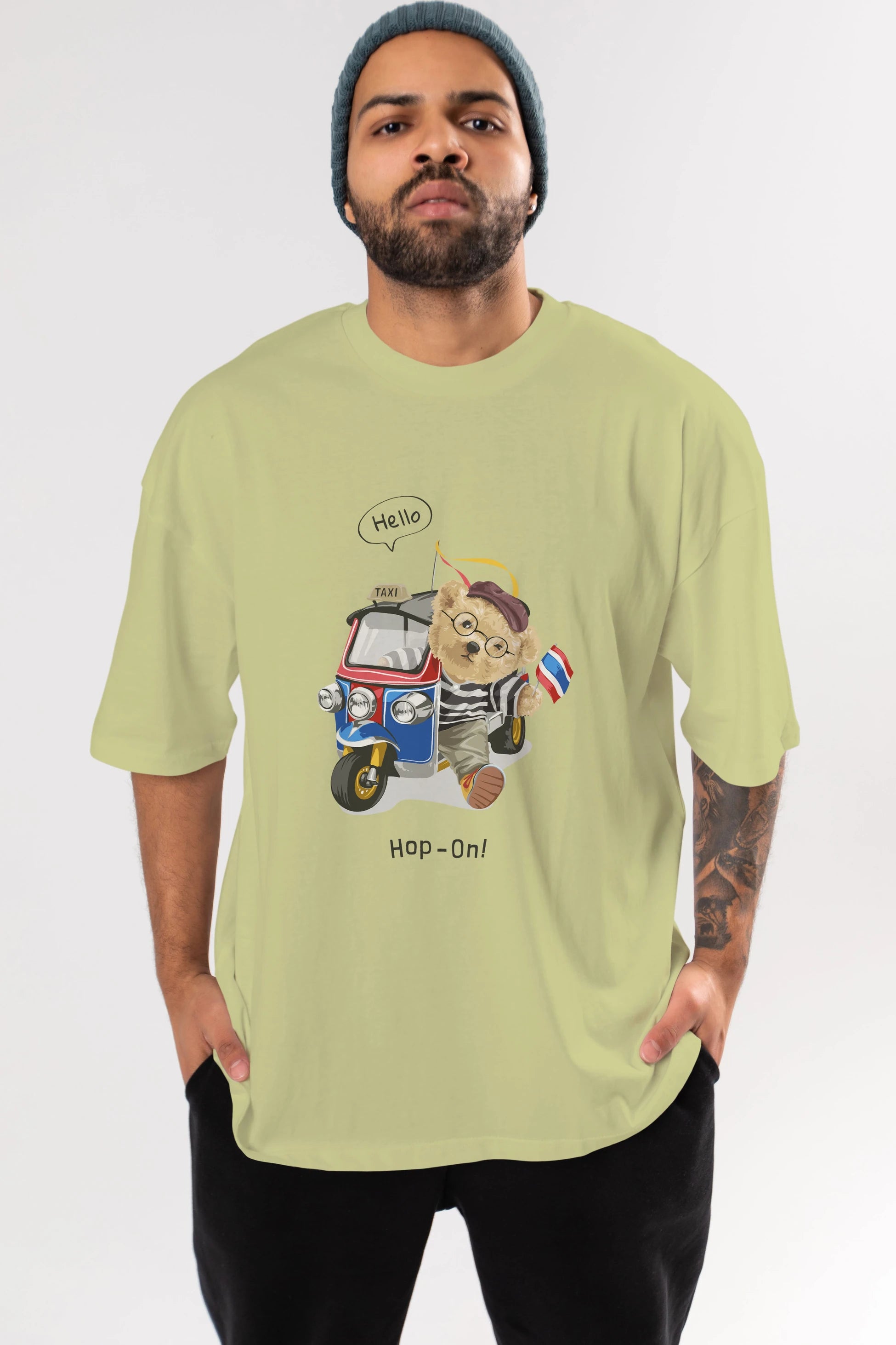 Teddy Bear Hop-On Ön Baskılı Oversize t-shirt Erkek Kadın Unisex %100 Pamuk