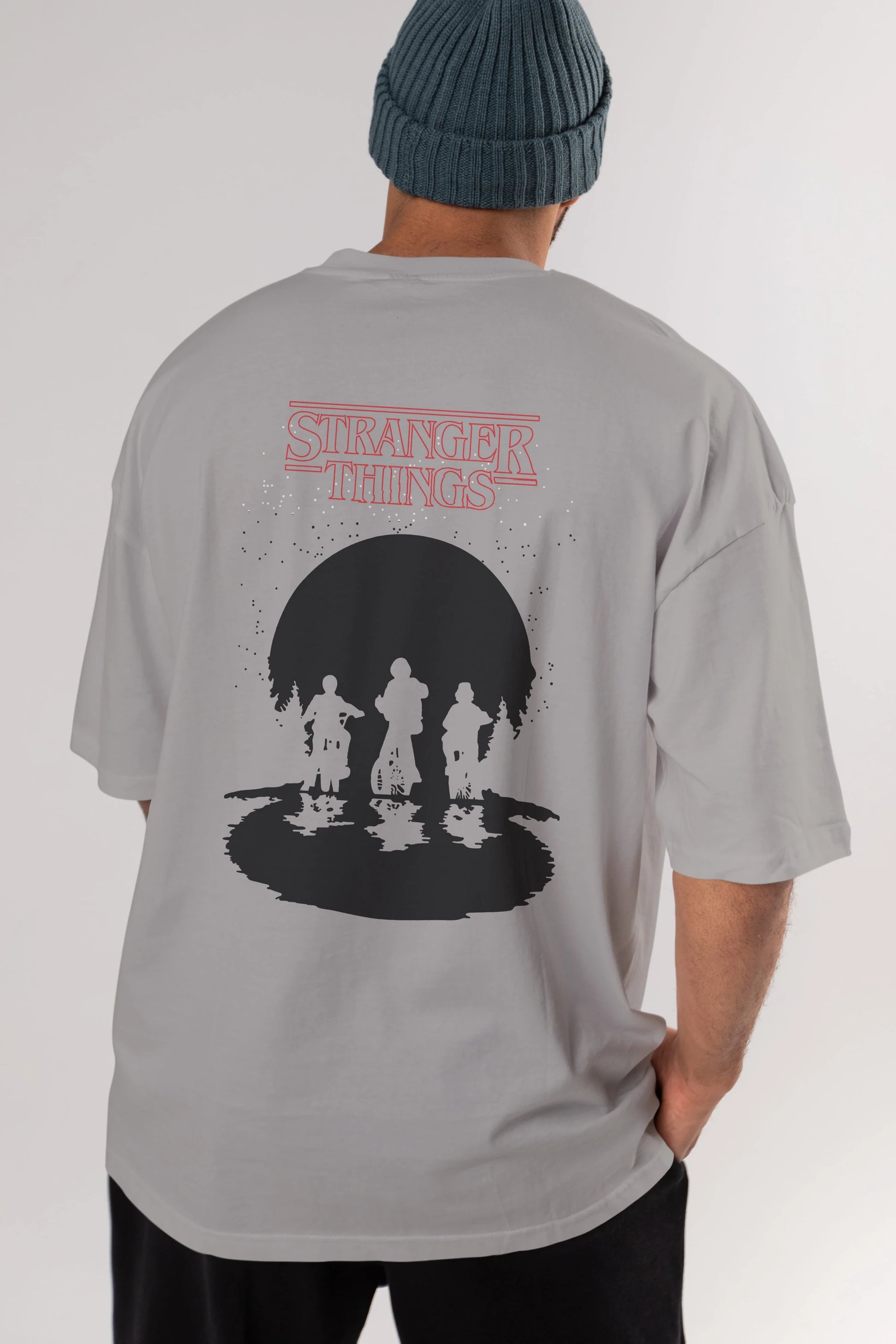 Stranger Things Arka Baskılı Oversize t-shirt Erkek Kadın Unisex %100 Pamuk Bisiklet Yaka tişort
