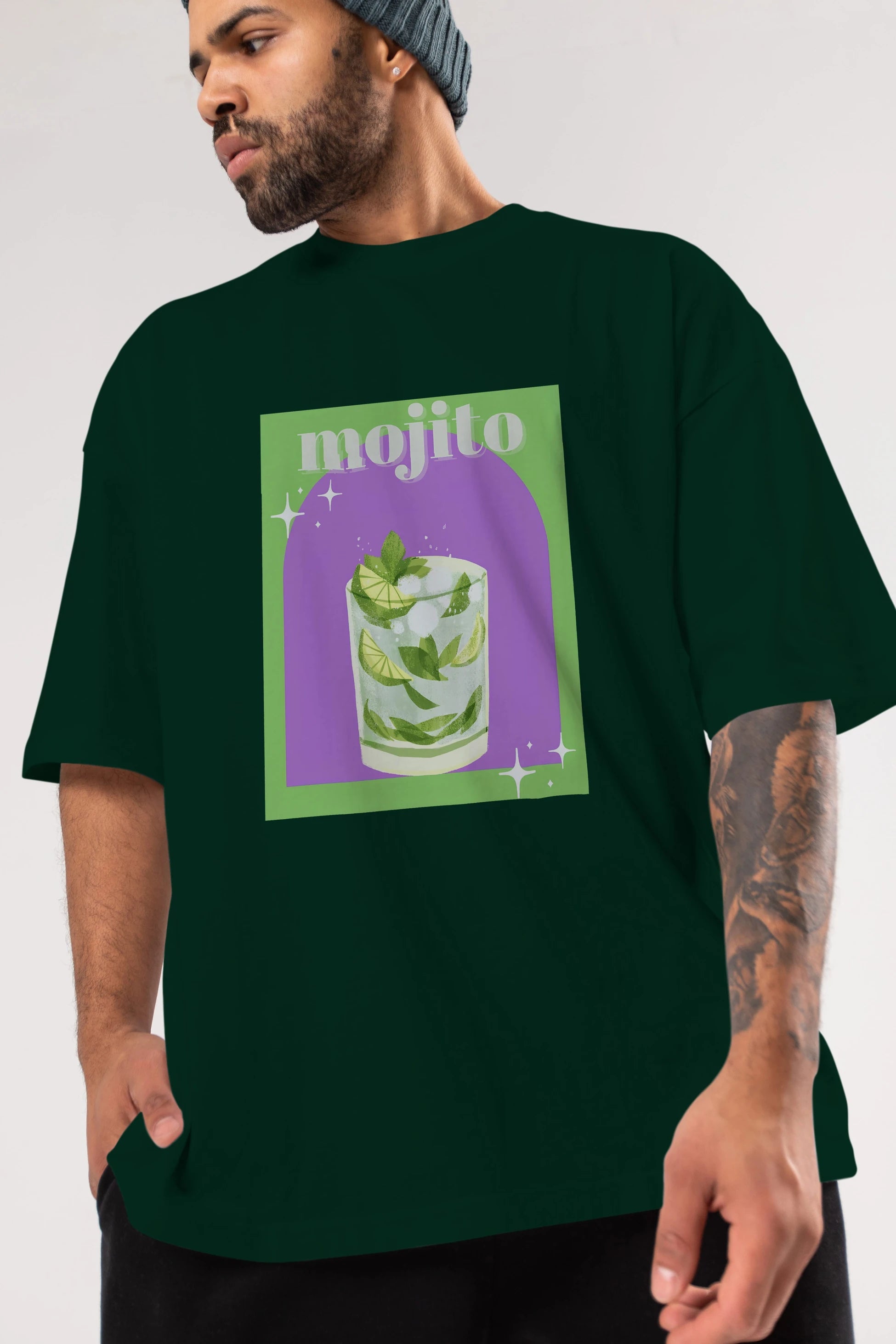 Mojito 3 Ön Baskılı Oversize t-shirt Erkek Kadın Unisex %100 Pamuk Bisiklet Yaka tişort