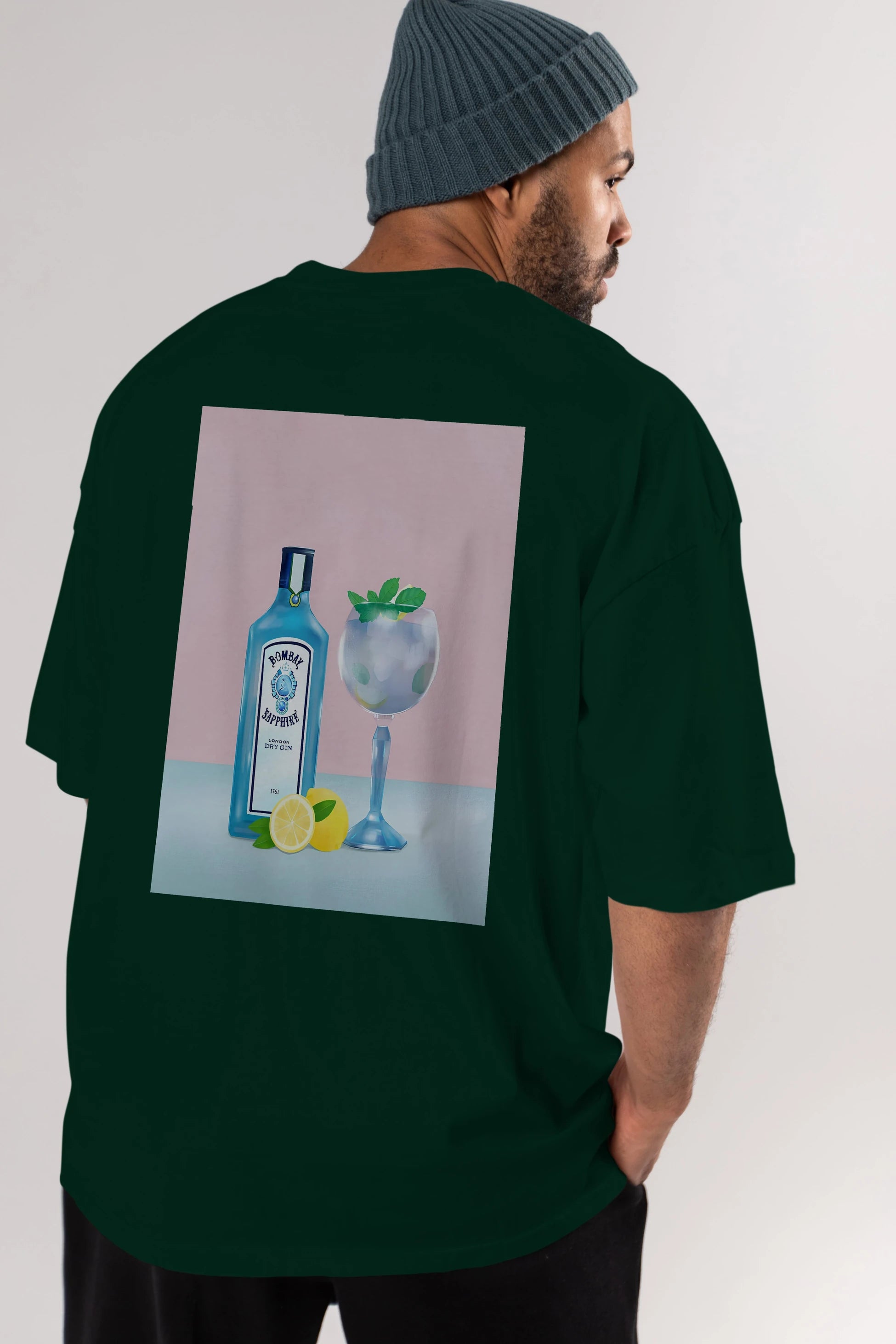 Bombay Sapphire Dry Gin Arka Baskılı Oversize t-shirt Erkek Kadın Unisex %100 Pamuk Bisiklet Yaka tişort