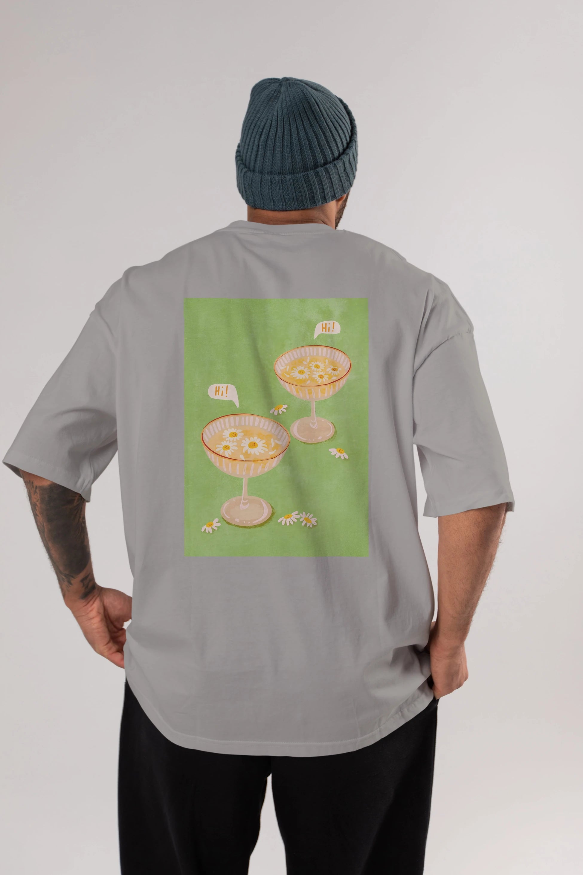 Hi Cheers Arka Baskılı Oversize t-shirt Erkek Kadın Unisex %100 Pamuk Bisiklet Yaka tişort