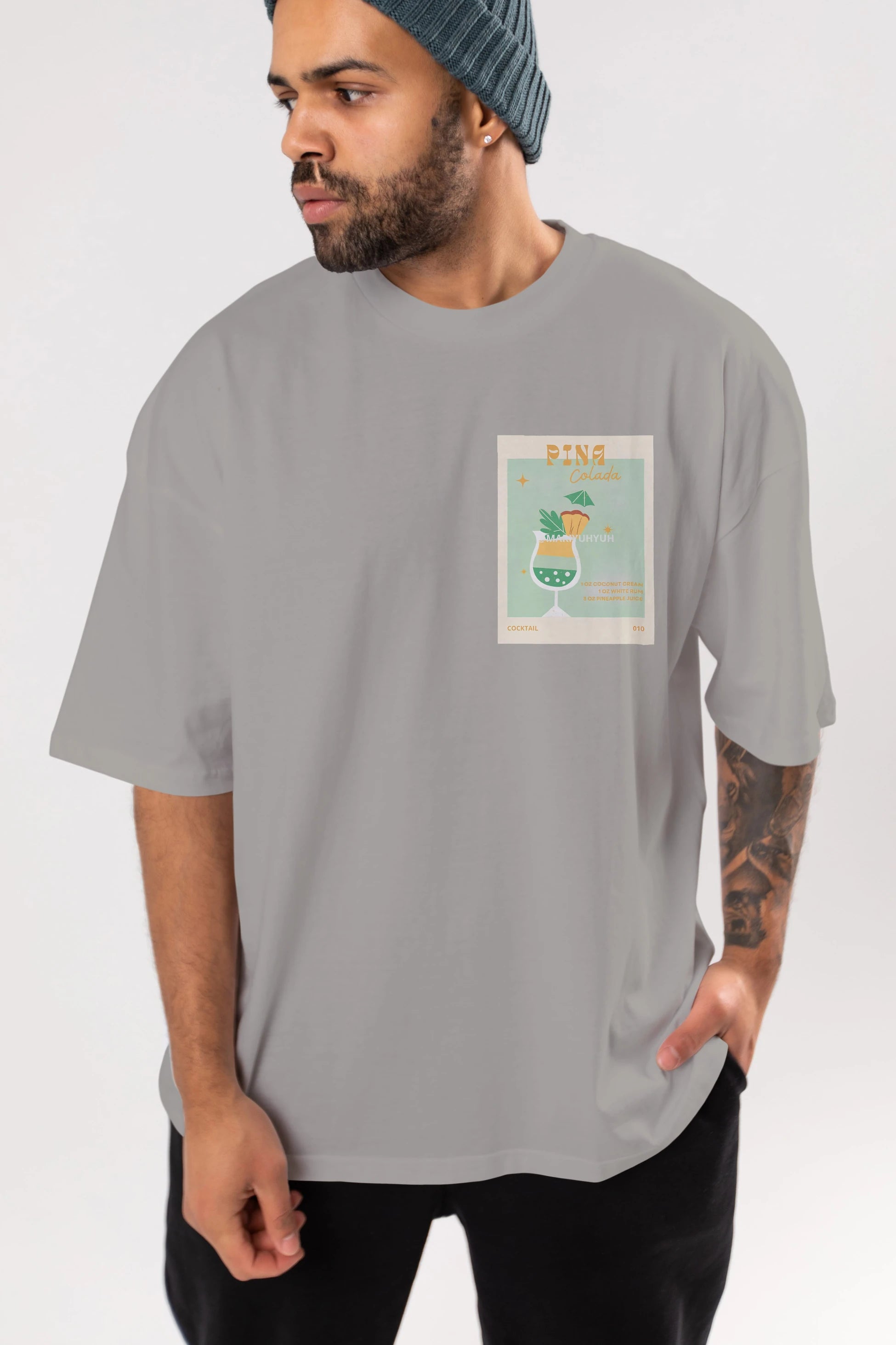 Pina Colada Ön Sol Baskılı Oversize t-shirt Erkek Kadın Unisex %100 Pamuk Bisiklet Yaka tişort
