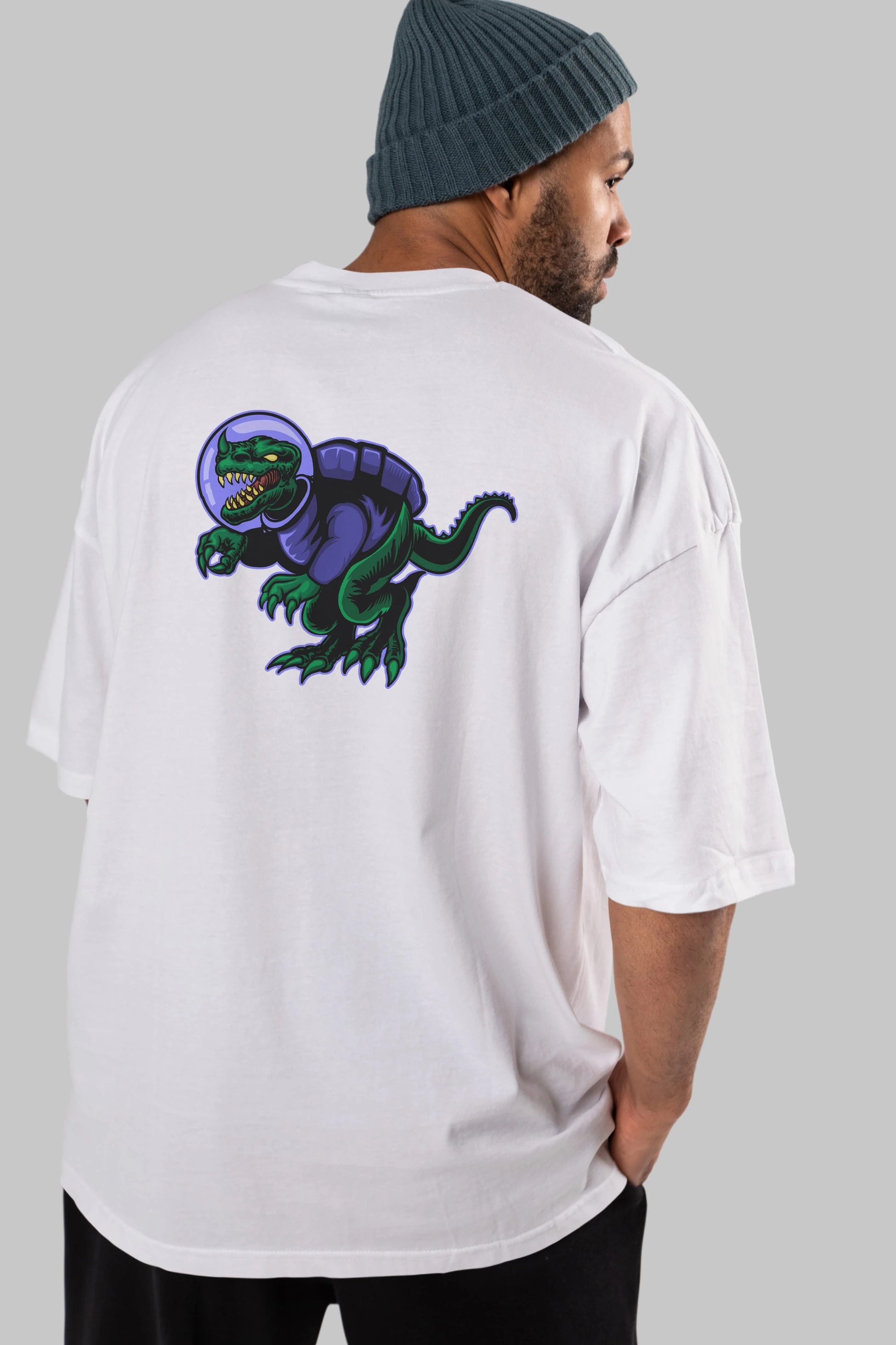 Space Dino Arka Baskılı Oversize t-shirt Erkek Kadın Unisex