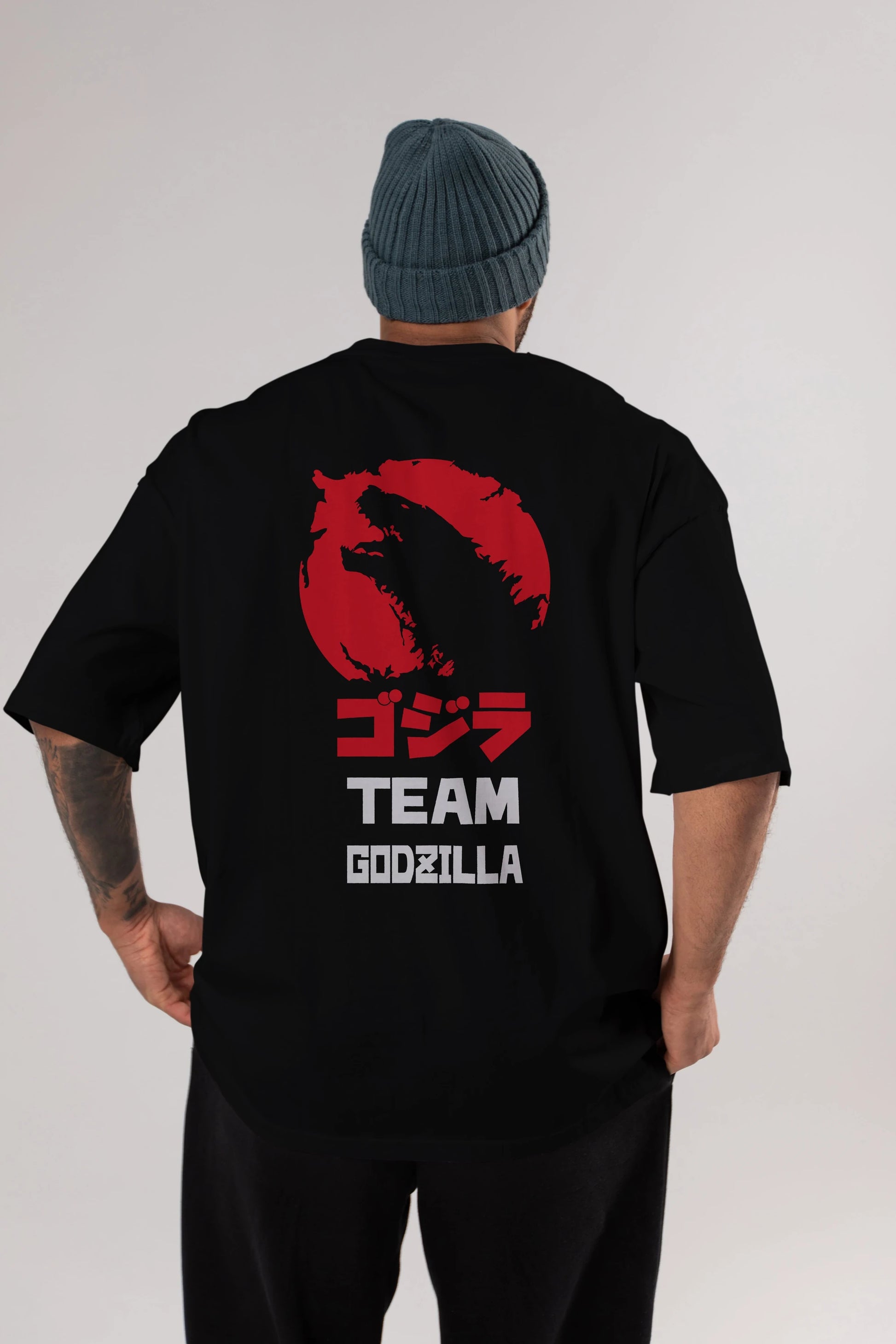 Team Godzilla Arka Baskılı Oversize t-shirt Erkek Kadın Unisex %100 Pamuk Bisiklet Yaka tişort