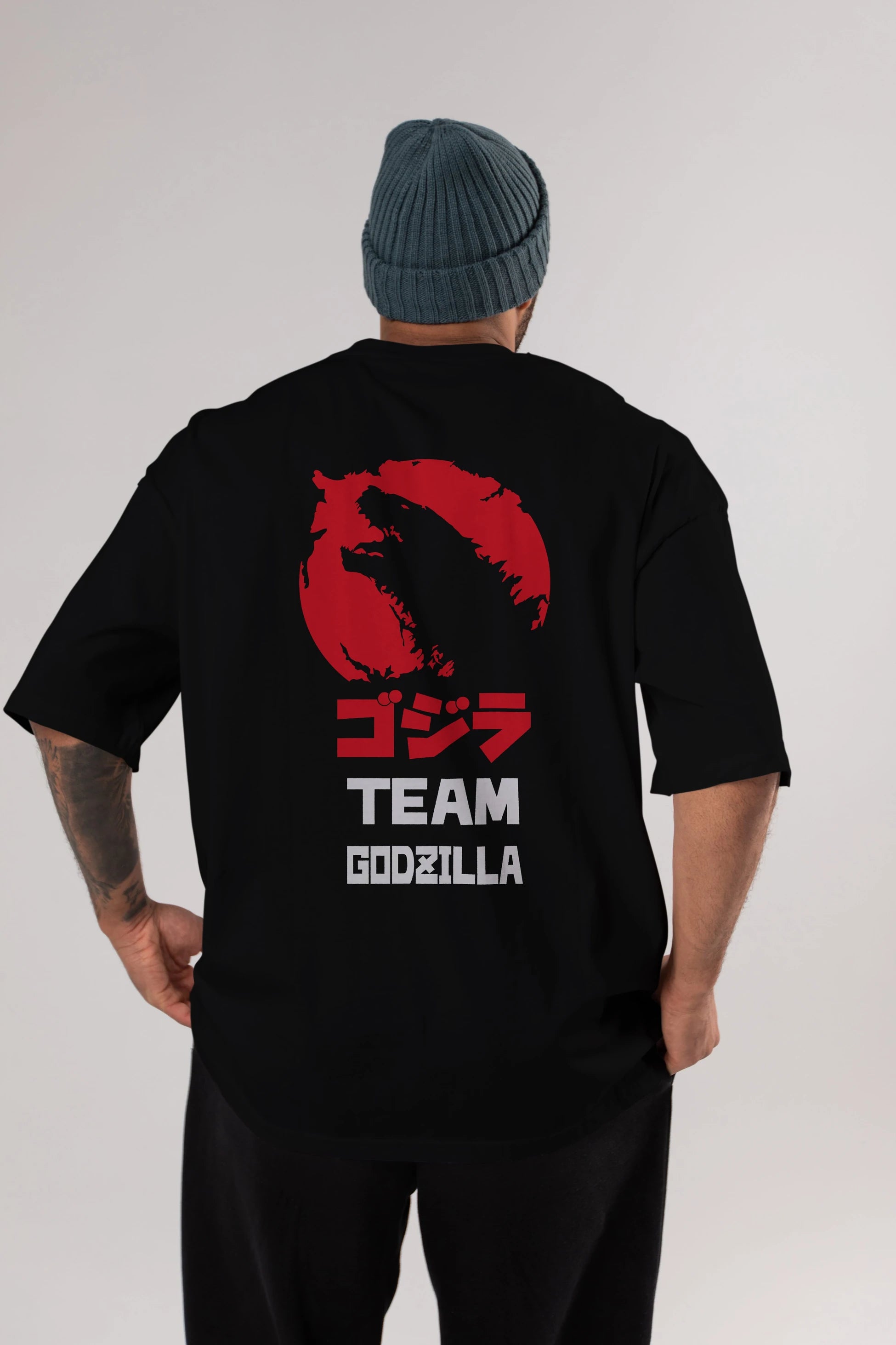 Team Godzilla Arka Baskılı Oversize t-shirt Erkek Kadın Unisex %100 Pamuk Bisiklet Yaka tişort