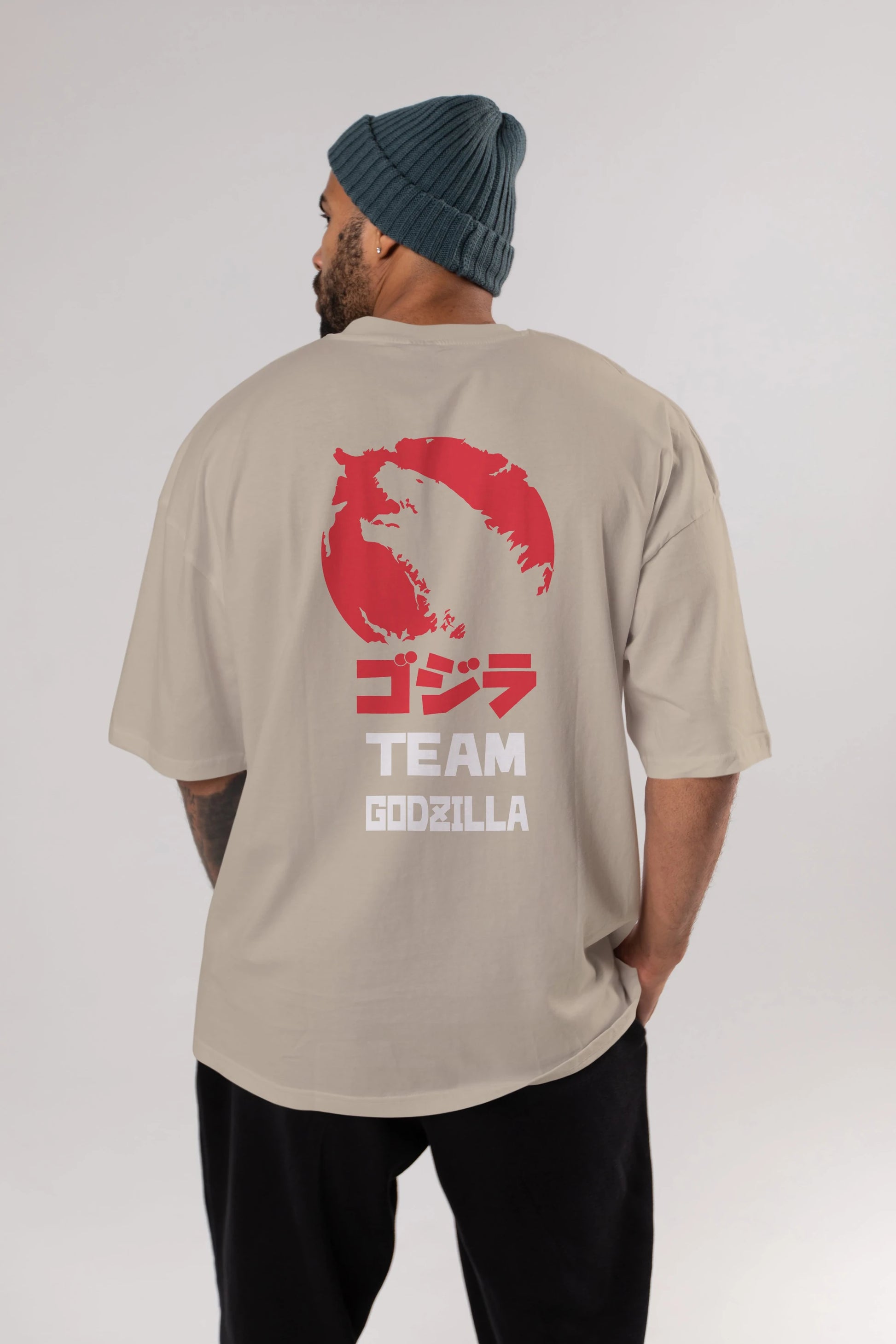 Team Godzilla Arka Baskılı Oversize t-shirt Erkek Kadın Unisex %100 Pamuk Bisiklet Yaka tişort