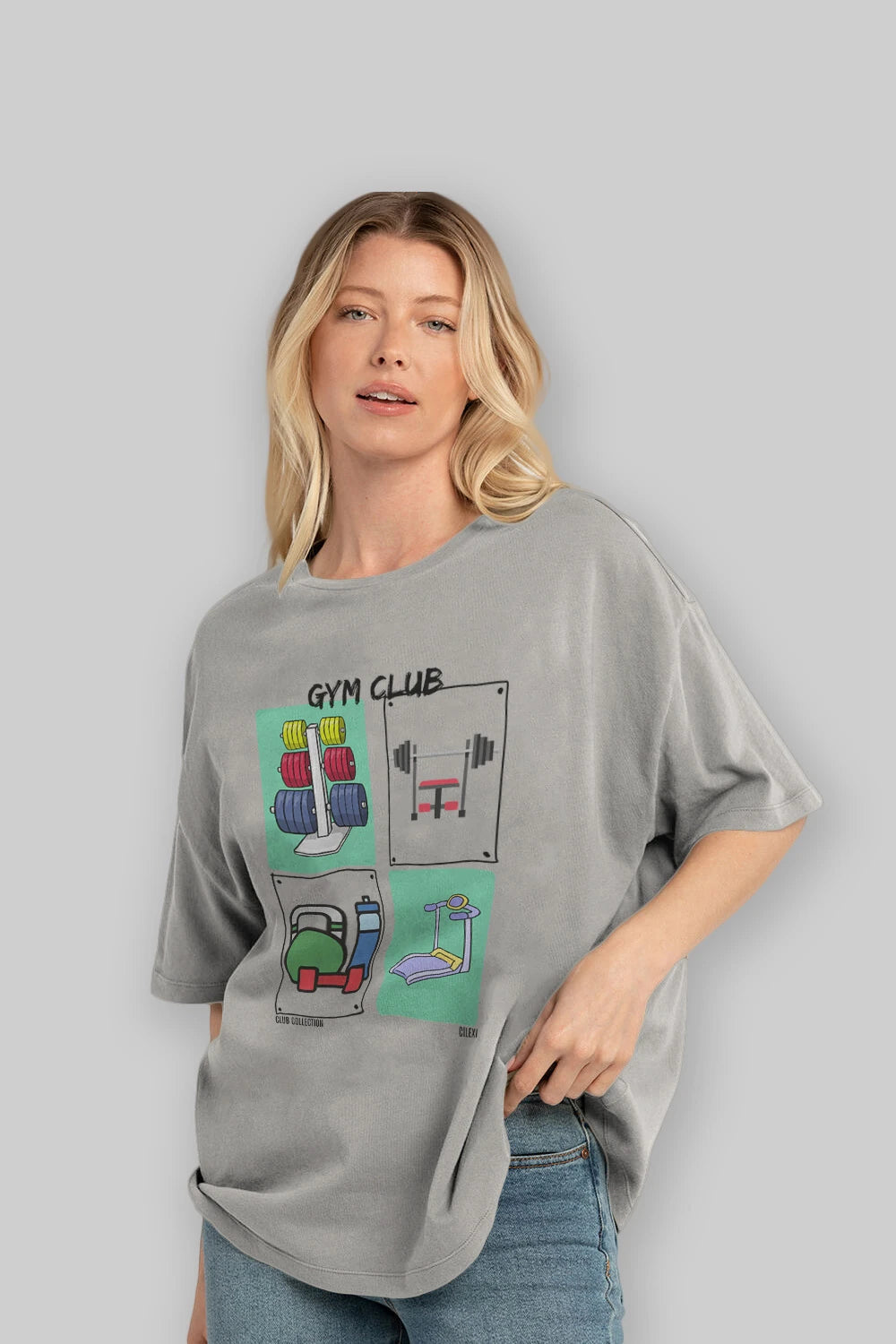 Gym Club ön Baskılı Oversize t-shirt Erkek Kadın %100 Pamuk Bisiklet Yaka tişort