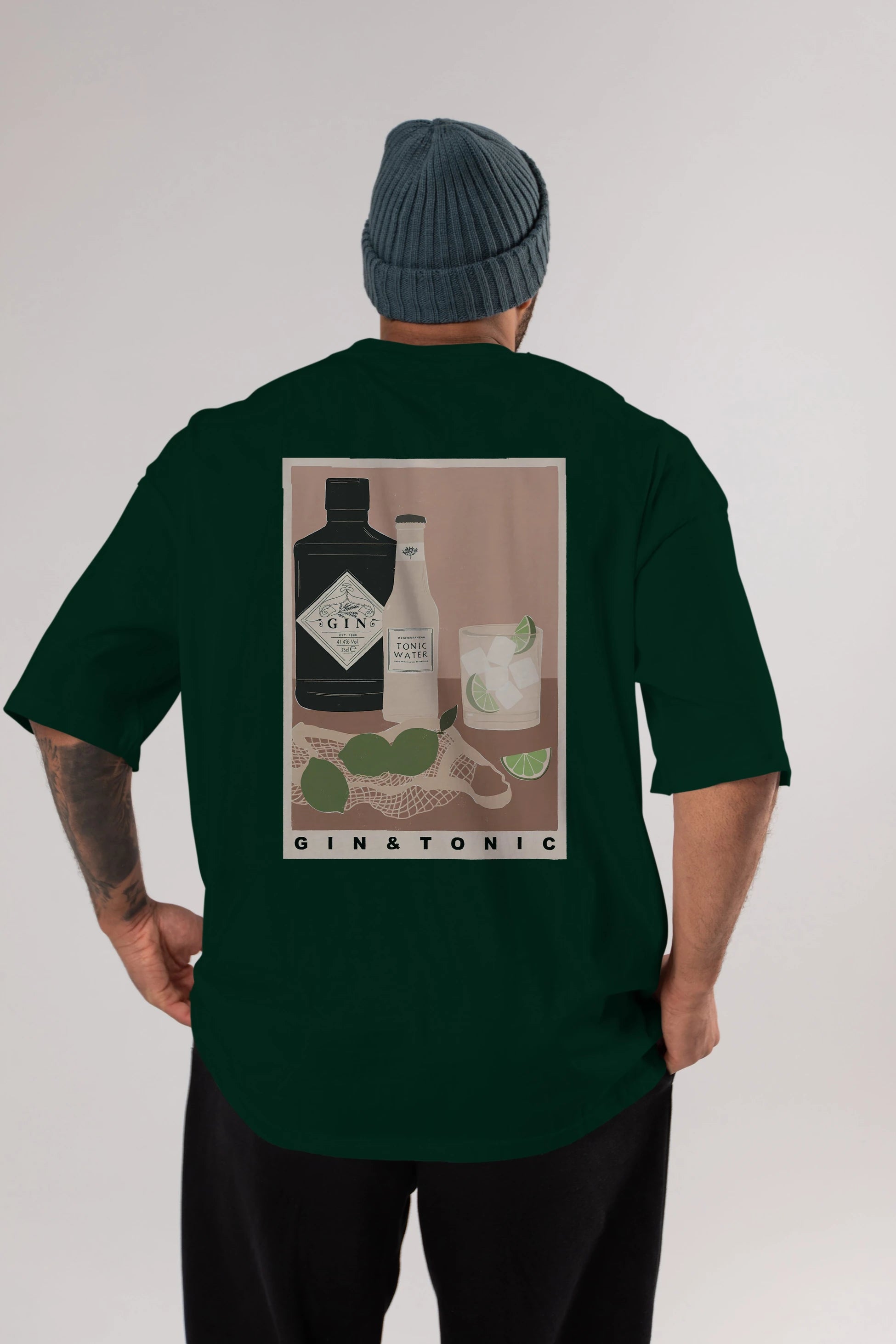 Gin Tonic Arka Baskılı Oversize t-shirt Erkek Kadın Unisex %100 Pamuk Bisiklet Yaka tişort