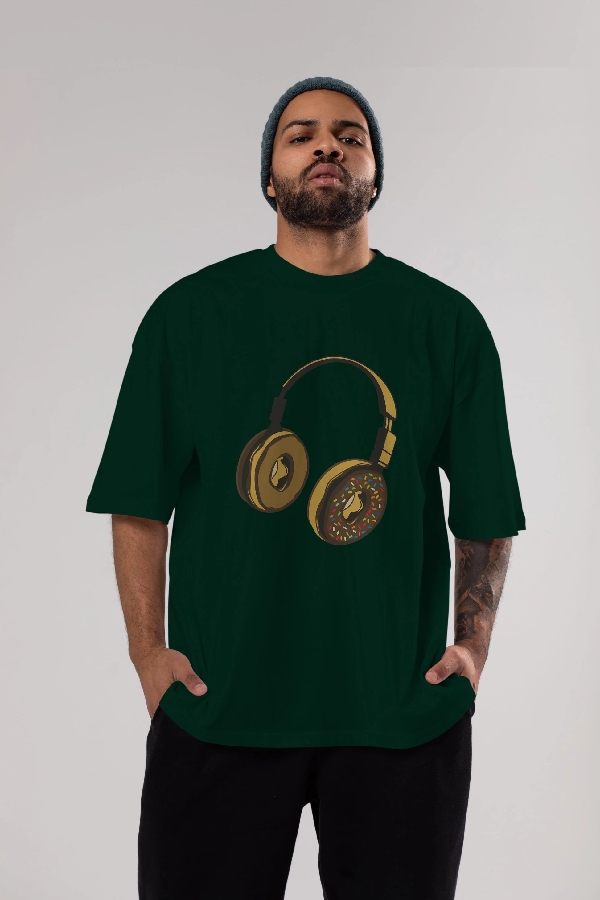 Headphone Donut Ön Baskılı Oversize t-shirt %100 pamuk Erkek Kadın Unisex
