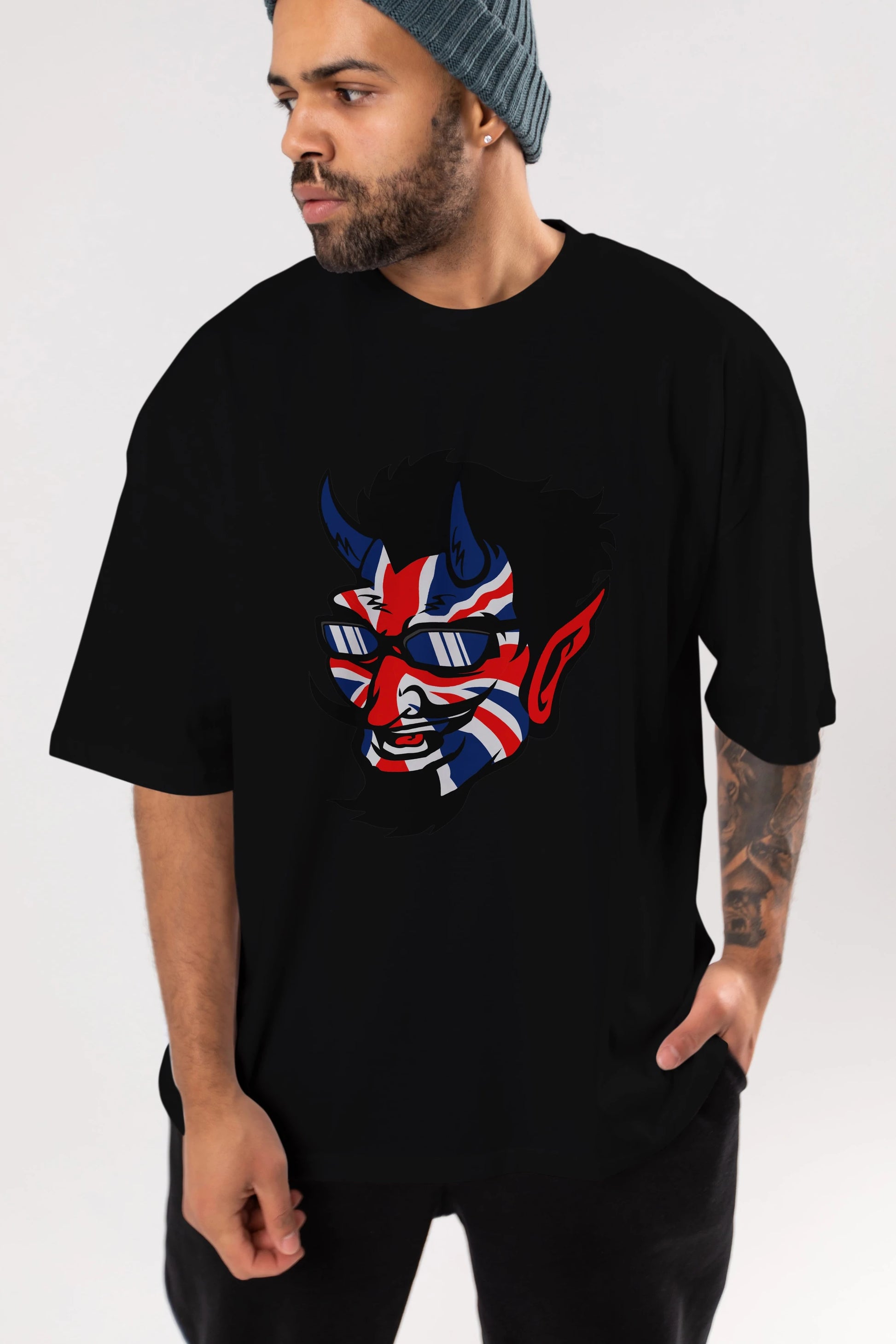 UK Devil Ön Baskılı Oversize t-shirt Erkek Kadın Unisex %100 Pamuk tişort
