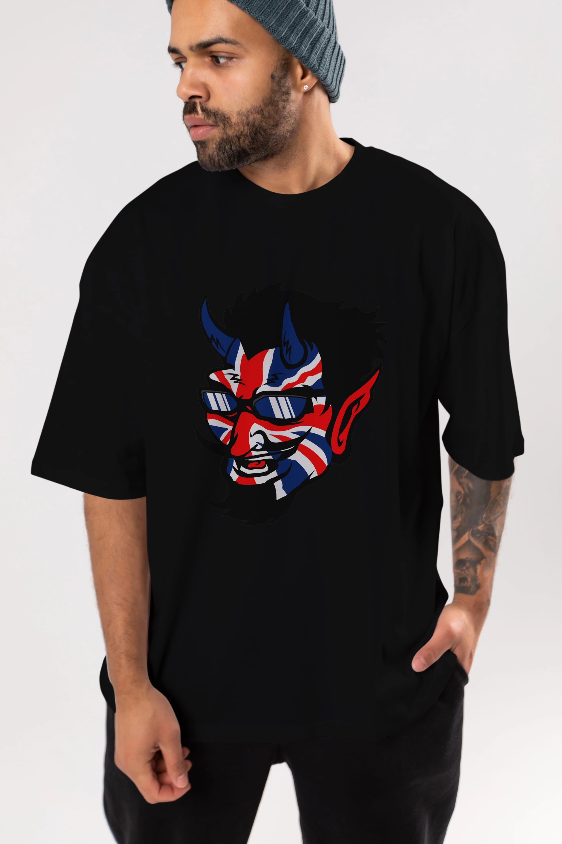 UK Devil Ön Baskılı Oversize t-shirt Erkek Kadın Unisex %100 Pamuk tişort