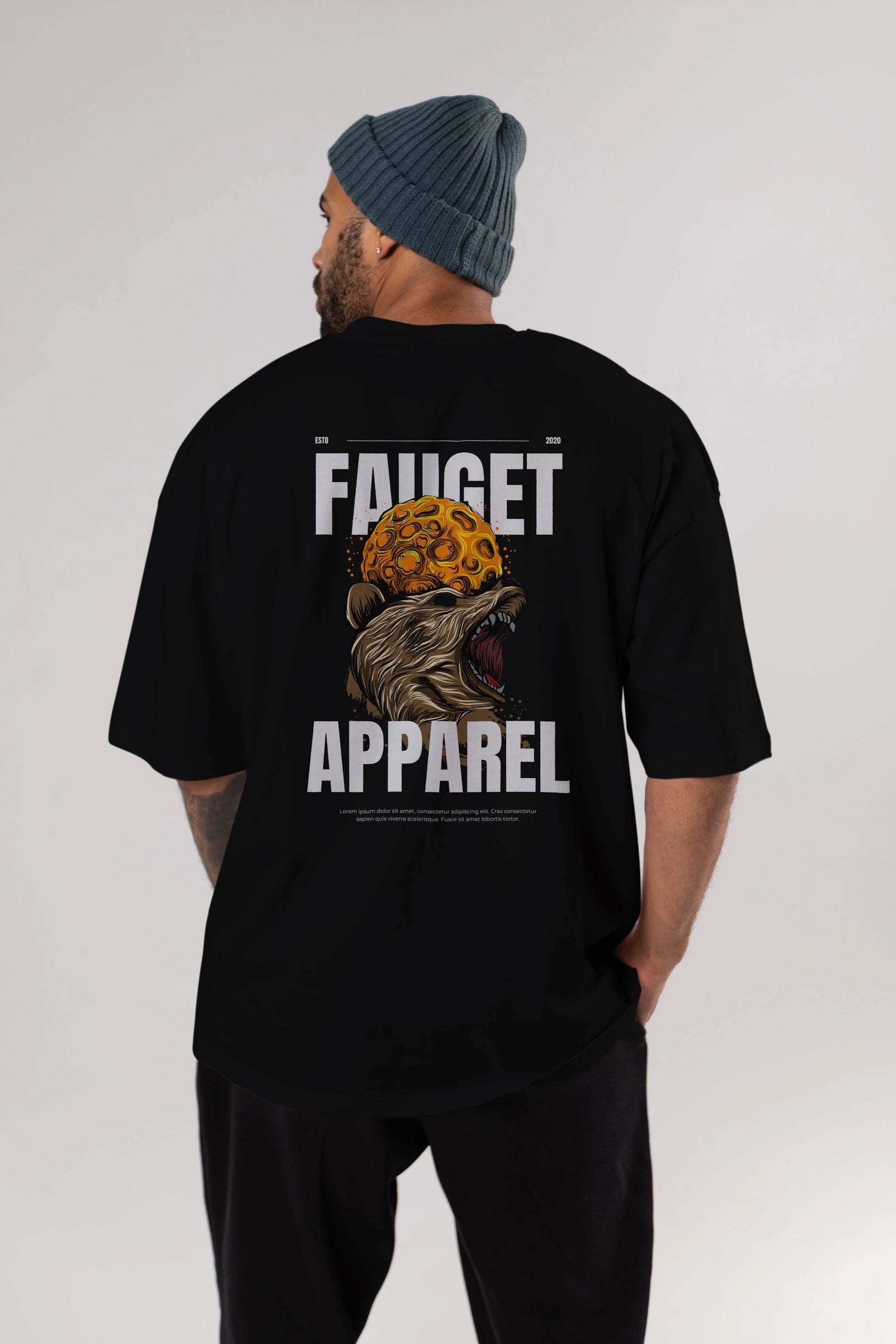 Bear Angry Fauget Apparel Arka Baskılı Oversize t-shirt Erkek Kadın Unisex