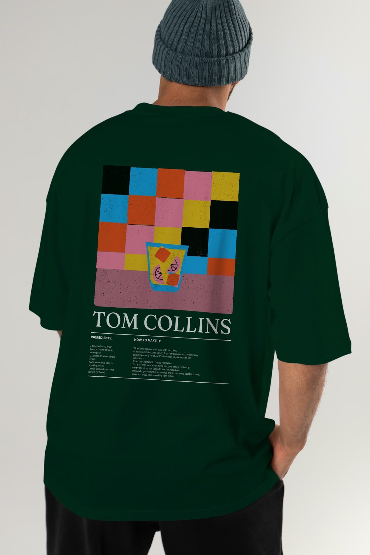Tom Collins Kokteyl Serisi Arka Baskılı Oversize t-shirt Erkek Kadın %100 Pamuk Bisiklet Yaka tişort