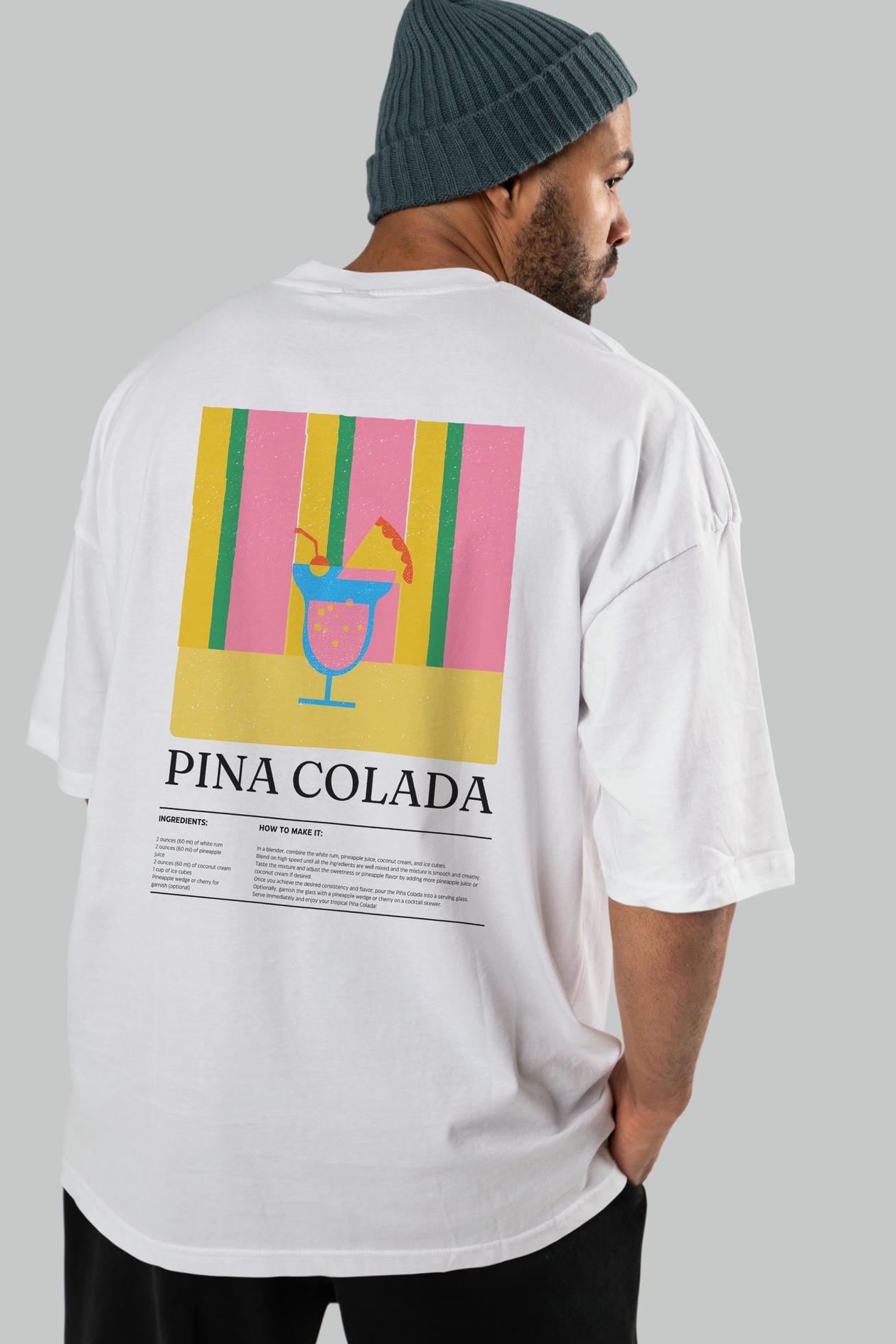 Pina Colada Kokteyl Serisi Arka Baskılı Oversize t-shirt Erkek Kadın %100 Pamuk Bisiklet Yaka tişort