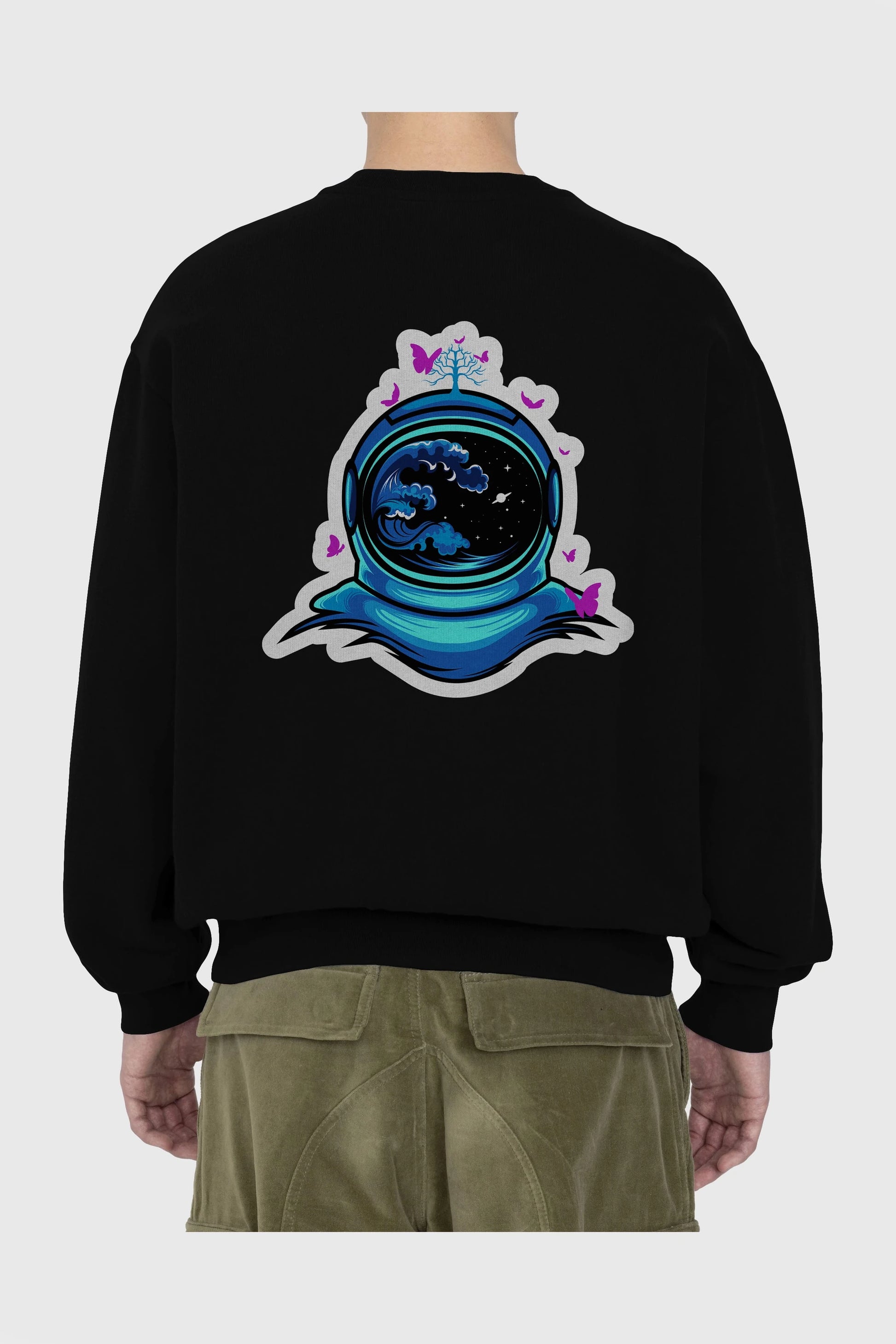 Astronaut and Butterfly Sticker Arka Baskılı Oversize Sweatshirt Erkek Kadın Unisex