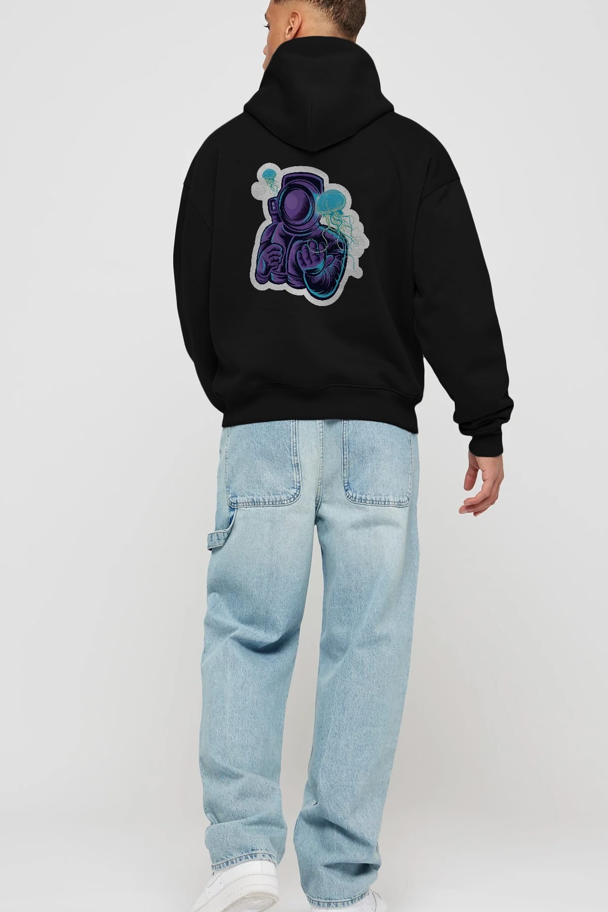 Astronaut and Jellyfish Sticker Arka Baskılı Hoodie Oversize Kapüşonlu Sweatshirt Erkek Kadın Unisex