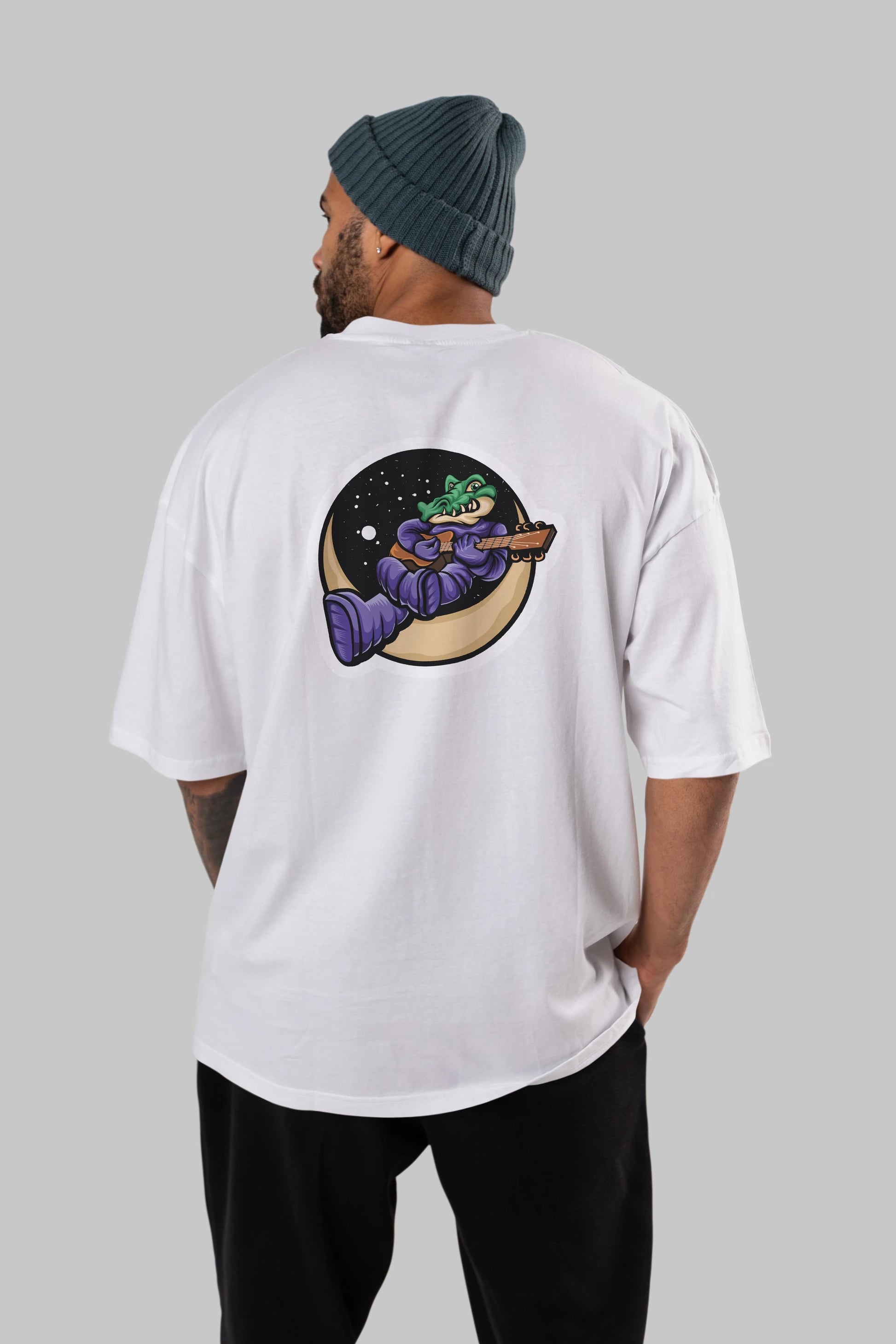 Space Crocodile Sticker Arka Baskılı Oversize t-shirt Erkek Kadın Unisex