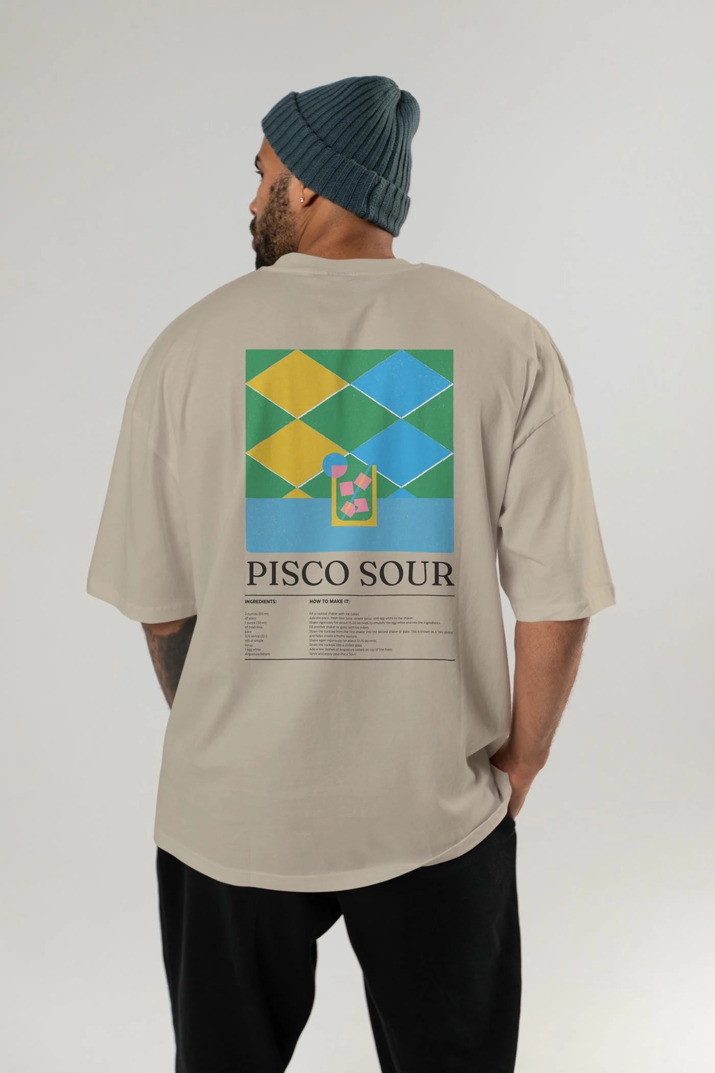 Pisco Sour Kokteyl Serisi Arka Baskılı Oversize t-shirt Erkek Kadın %100 Pamuk Bisiklet Yaka tişort