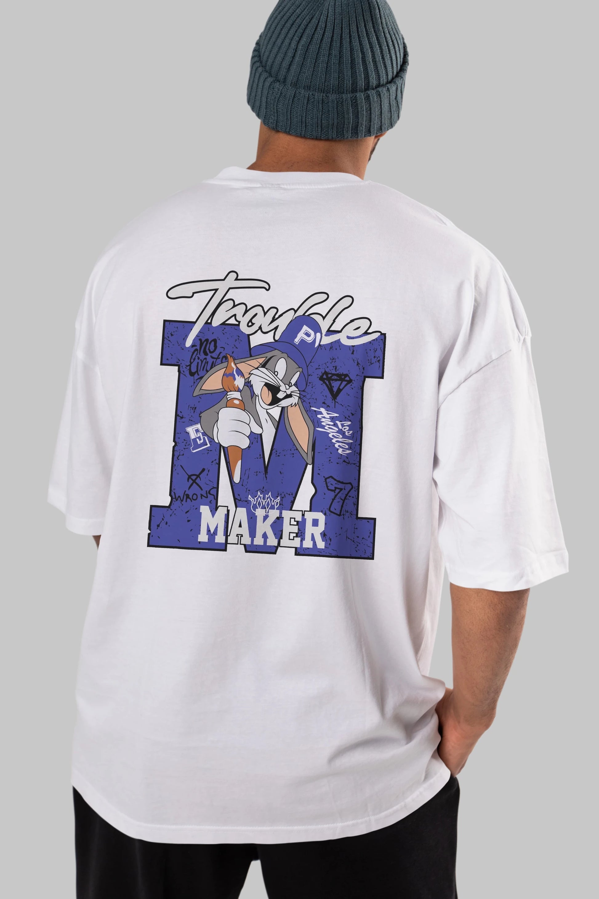 Bugs Bunny Arka Baskılı Oversize t-shirt Erkek Kadın Unisex %100 Pamuk Bisiklet Yaka tişort